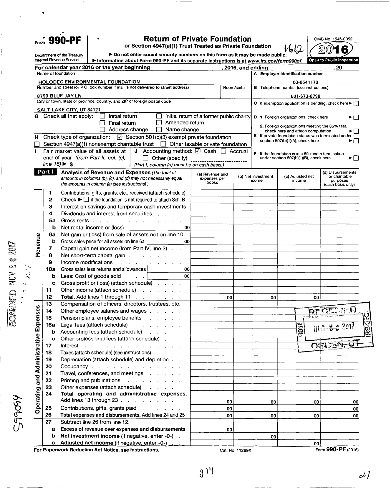 Image of first page of 2016 Form 990PF for Holodec Environmental Foundation