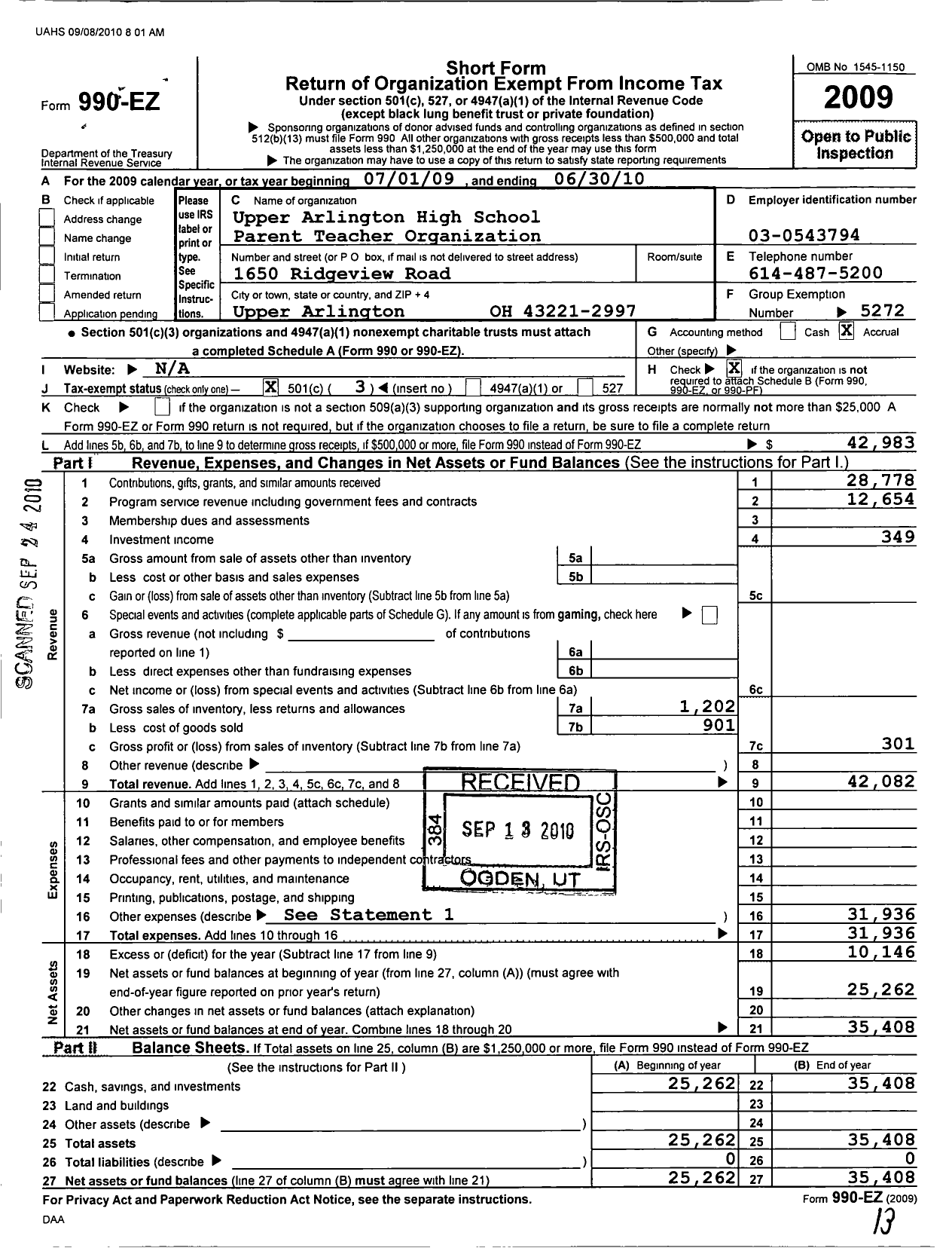 Image of first page of 2009 Form 990EZ for Upper Arlington High School PTO