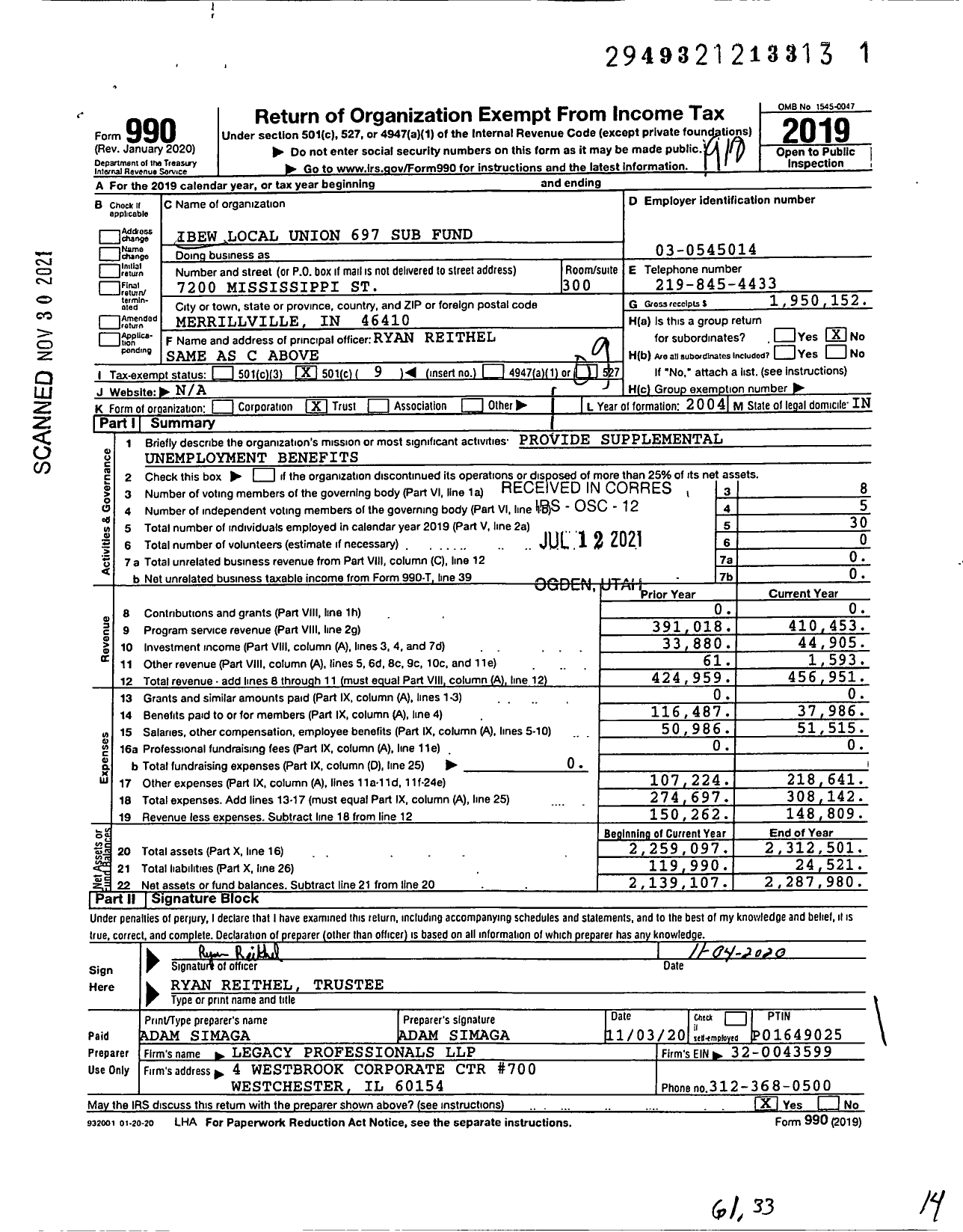 Image of first page of 2019 Form 990O for IBEW Local Union 697 Sub Fund