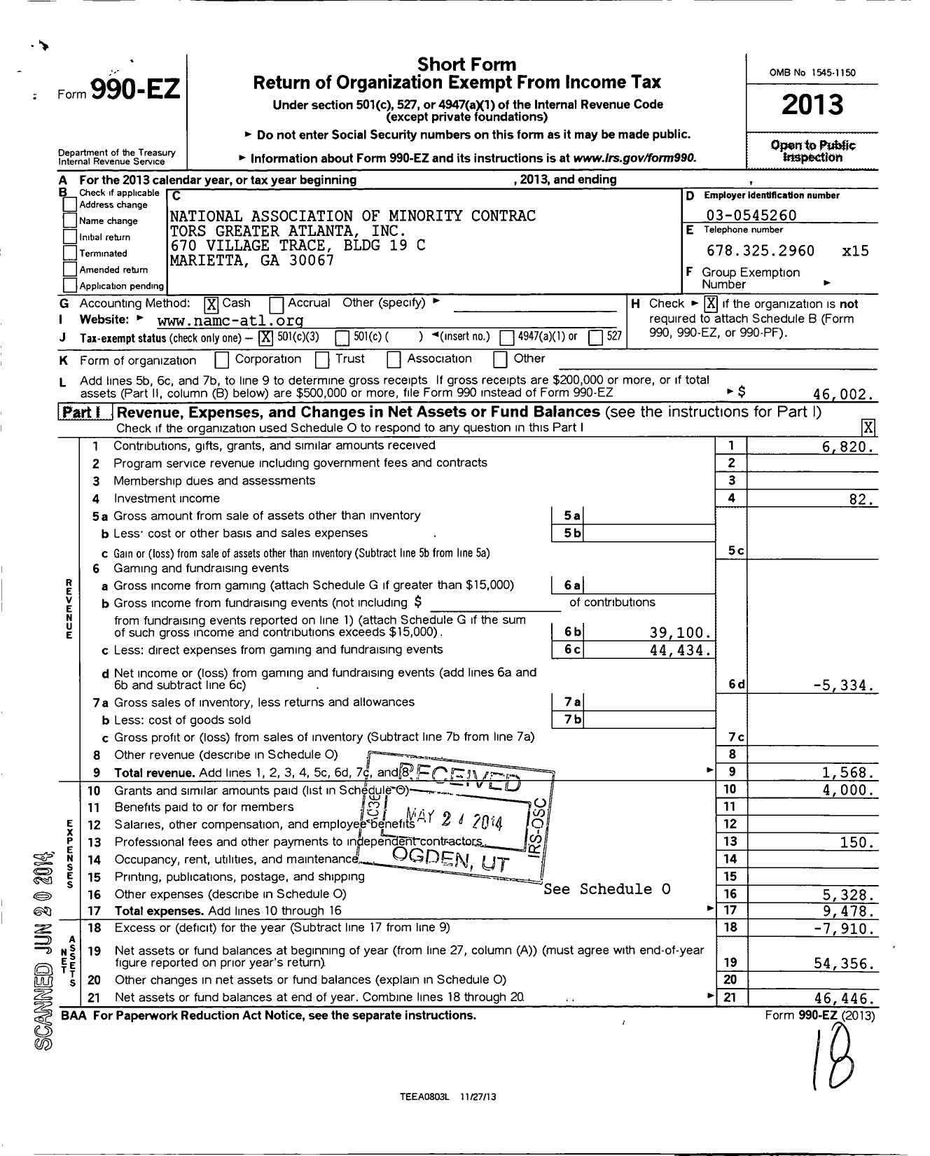 Image of first page of 2013 Form 990EZ for National Association of Minority Contractors Greater Atlanta Branch