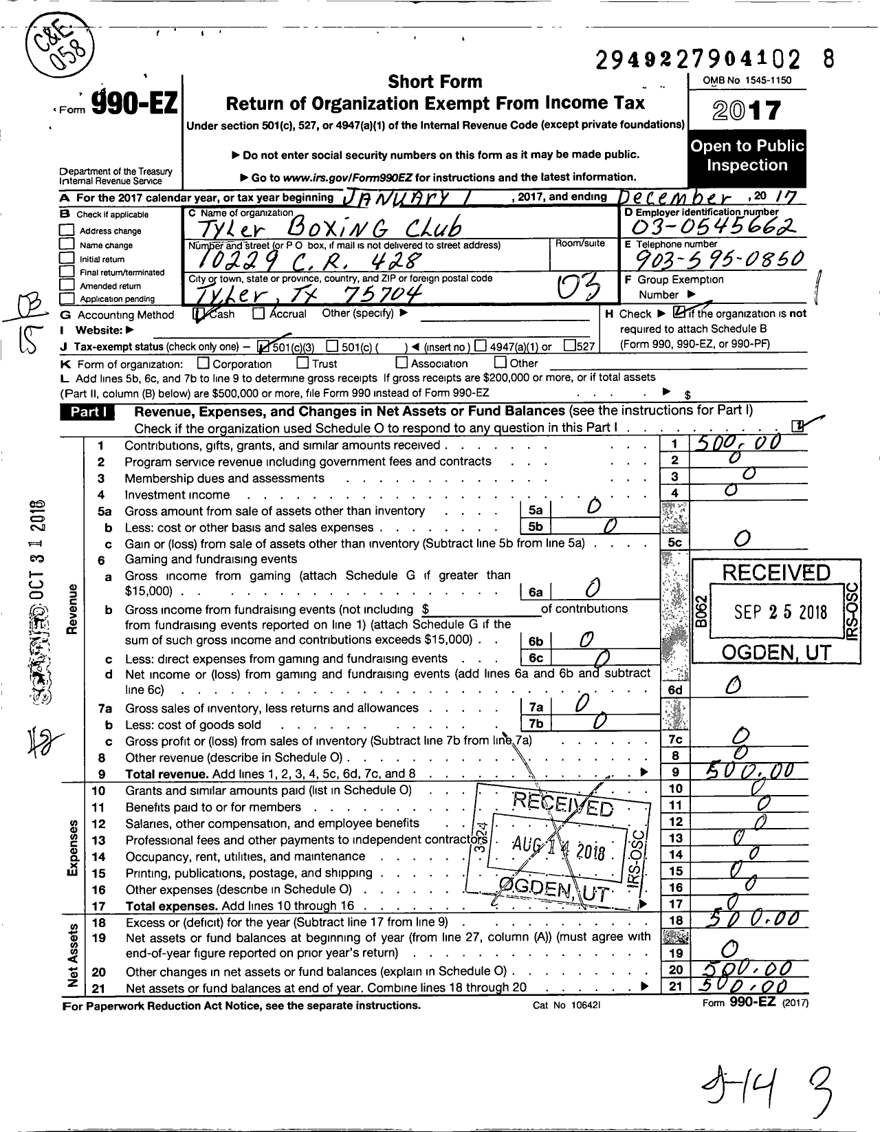 Image of first page of 2017 Form 990EZ for Tyler Boxing Club