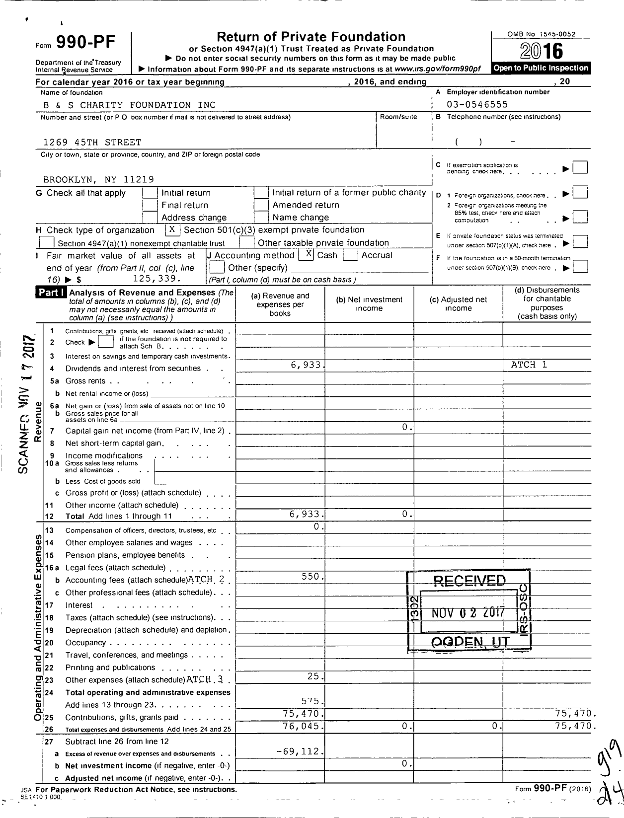 Image of first page of 2016 Form 990PF for B and S Charity Foundation