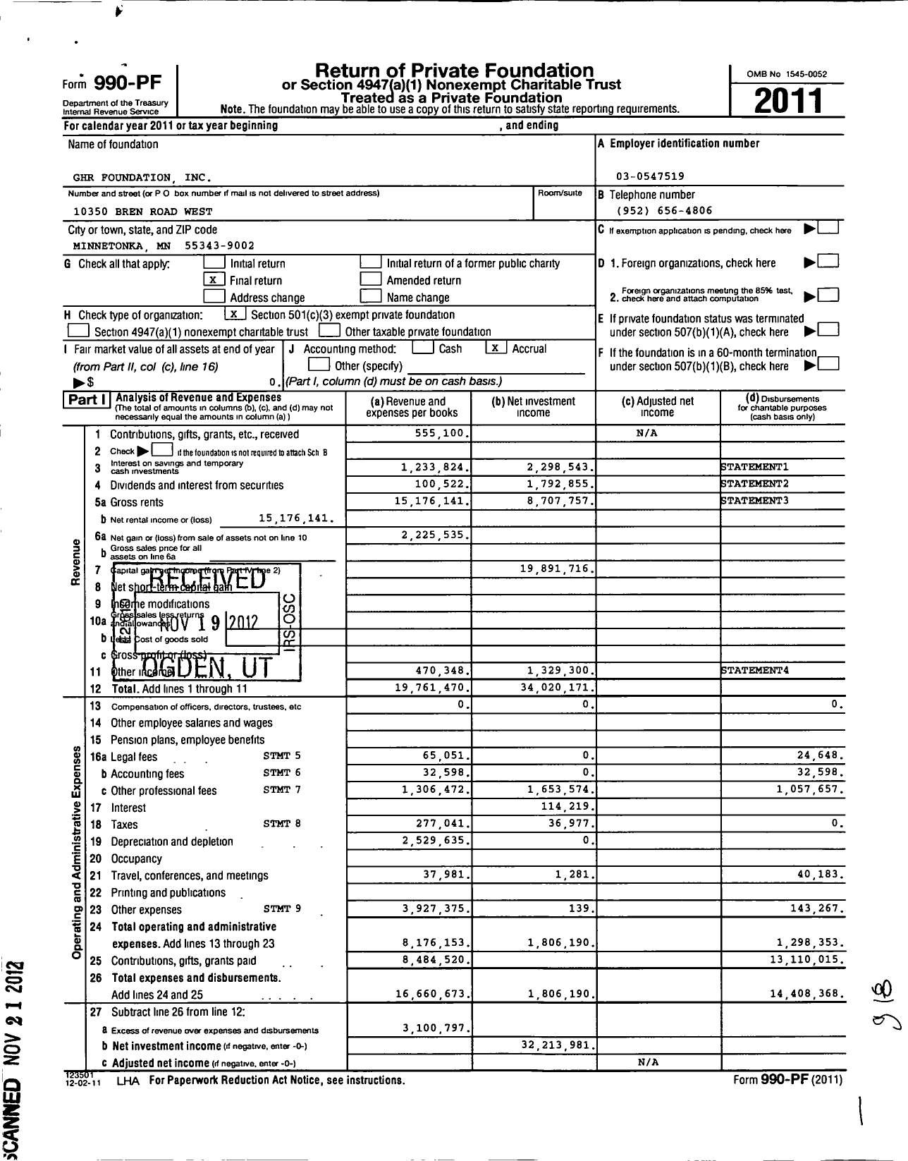 Image of first page of 2011 Form 990PF for GHR Foundation