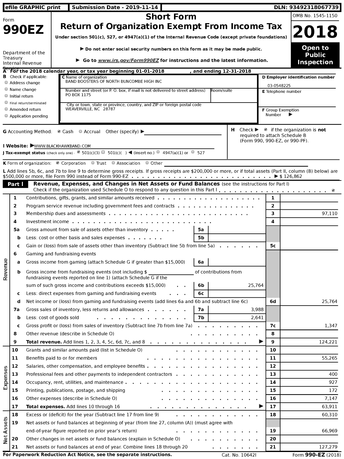 Image of first page of 2018 Form 990EZ for Band Boosters of North Buncombe High