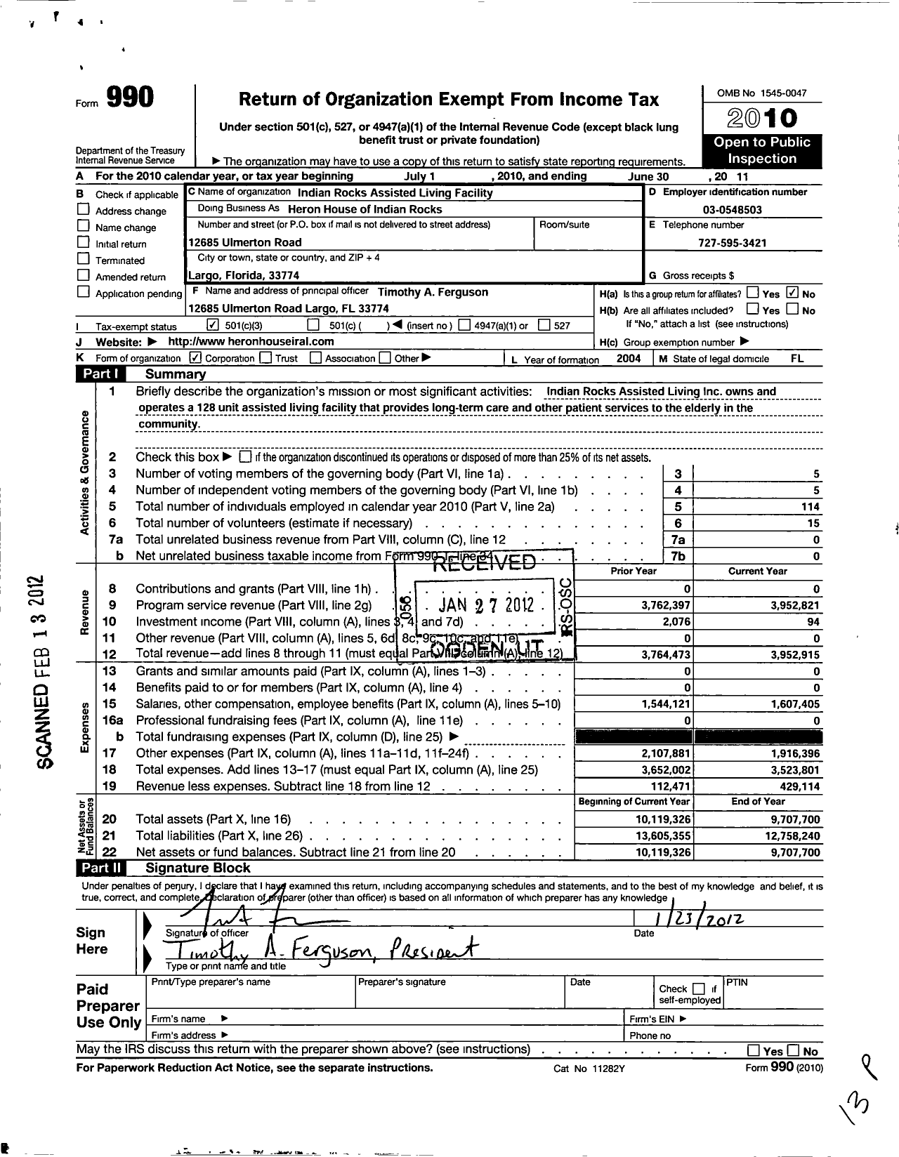 Image of first page of 2010 Form 990 for Heron House of Largo