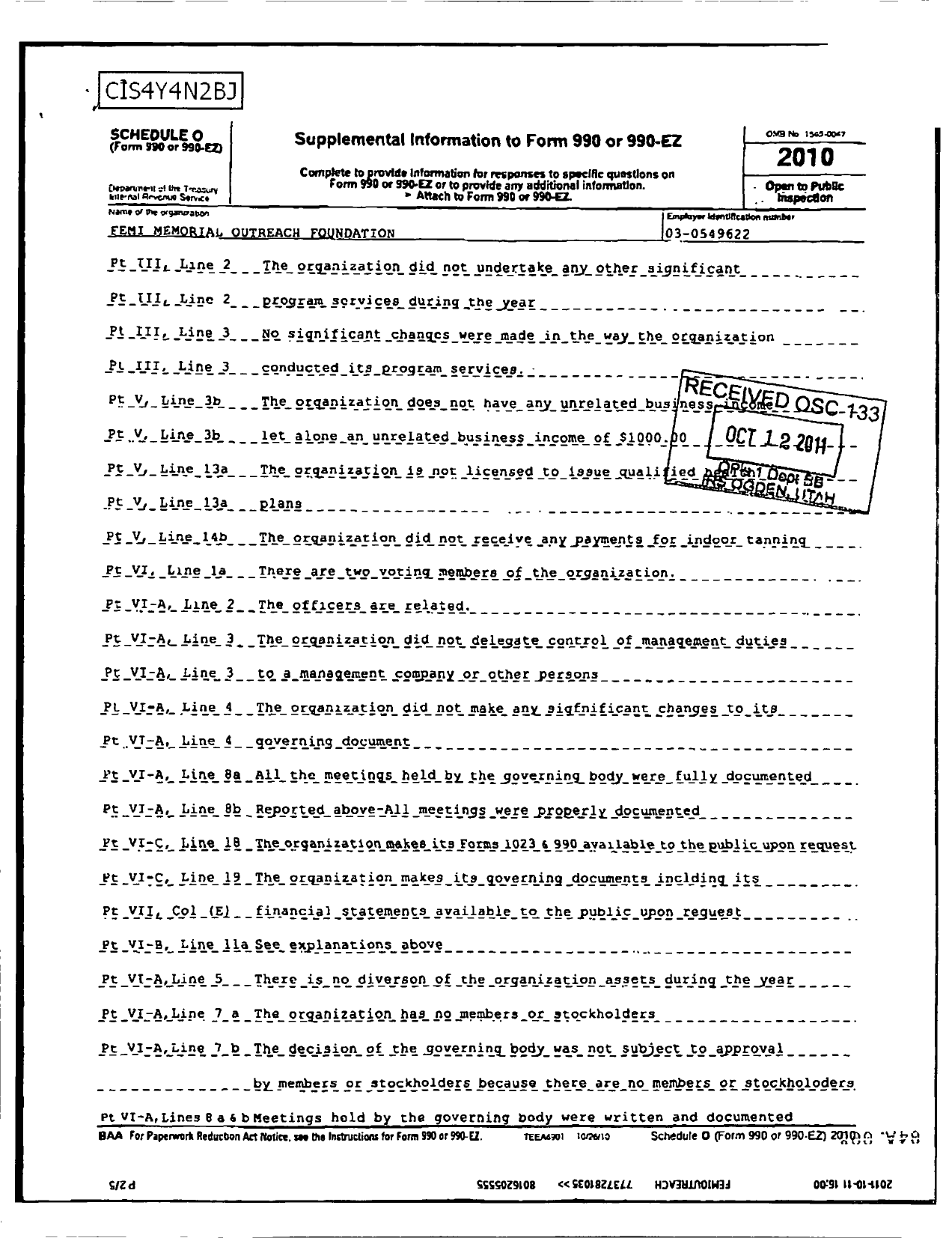 Image of first page of 2010 Form 990R for Femi Memorial Outreach Fund