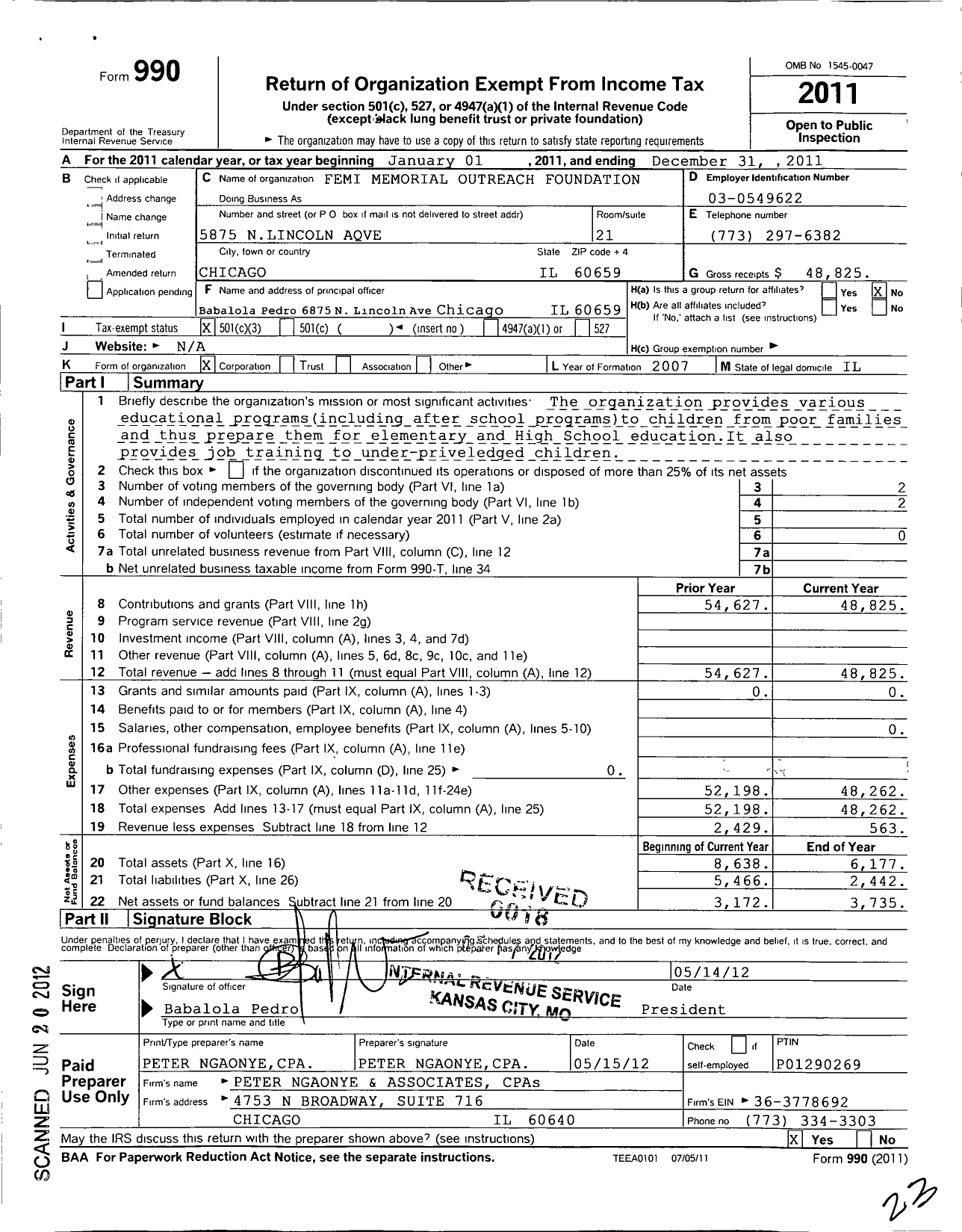 Image of first page of 2011 Form 990 for Femi Memorial Outreach Fund