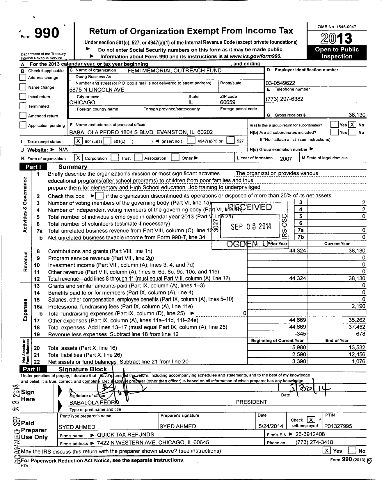 Image of first page of 2013 Form 990 for Femi Memorial Outreach Fund