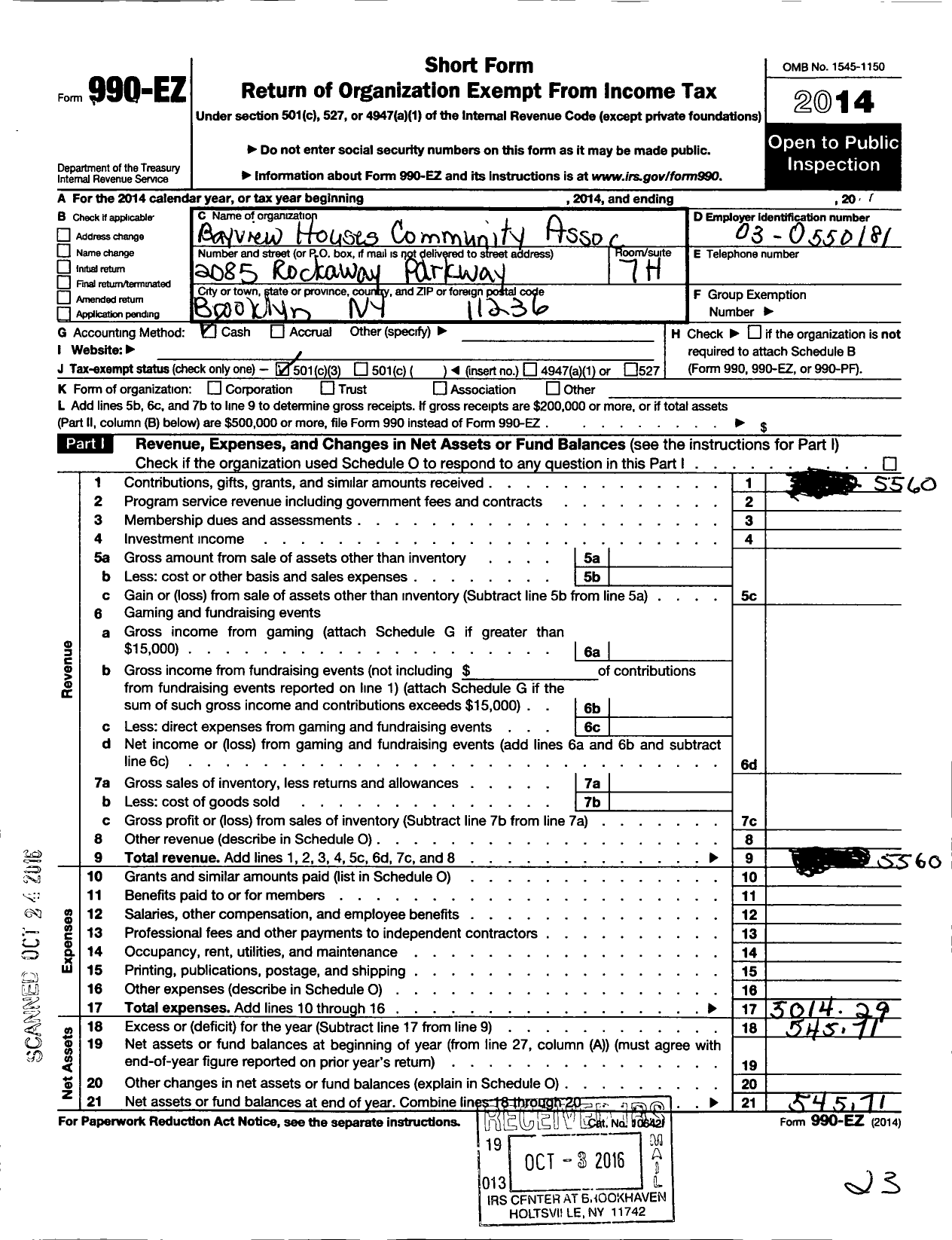 Image of first page of 2014 Form 990EZ for Bayview Houses Community Association