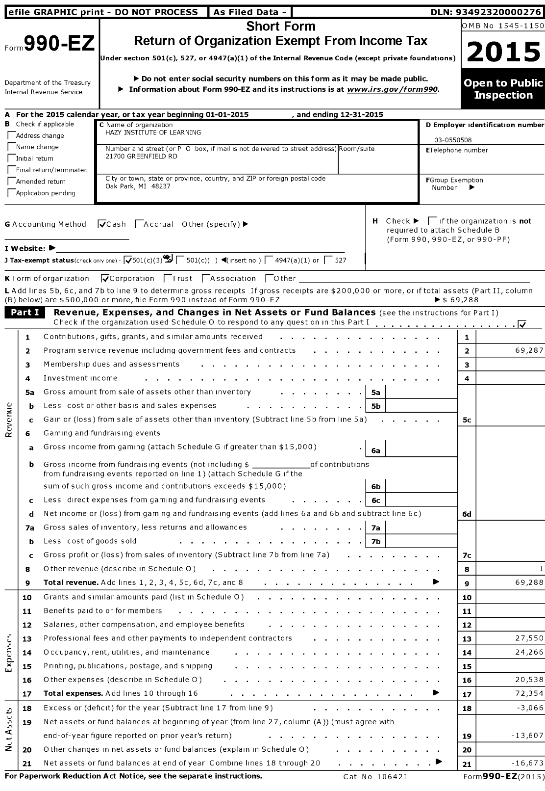 Image of first page of 2015 Form 990EZ for Hazy Institute of Learning
