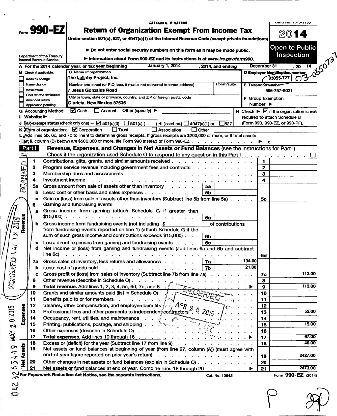 Image of first page of 2014 Form 990EZ for Lullaby Project