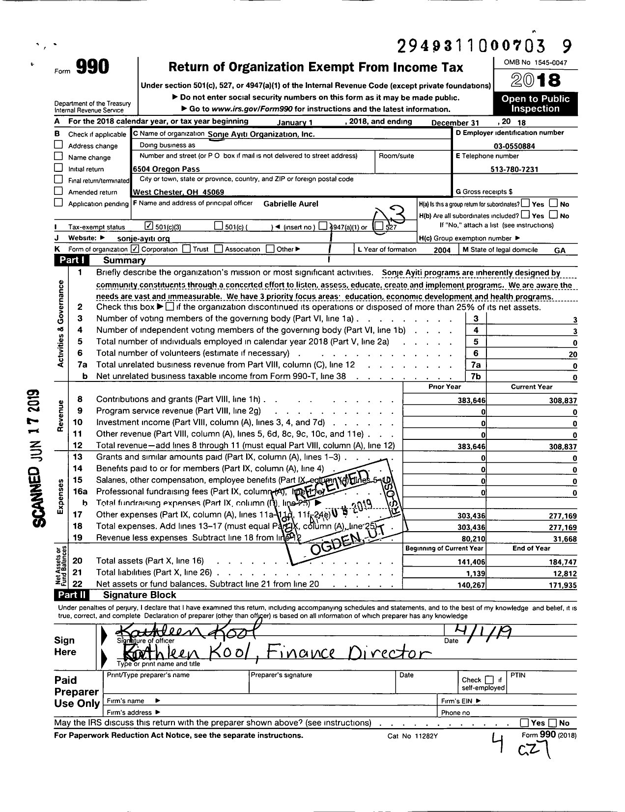 Image of first page of 2018 Form 990 for Sonje Ayiti Organization