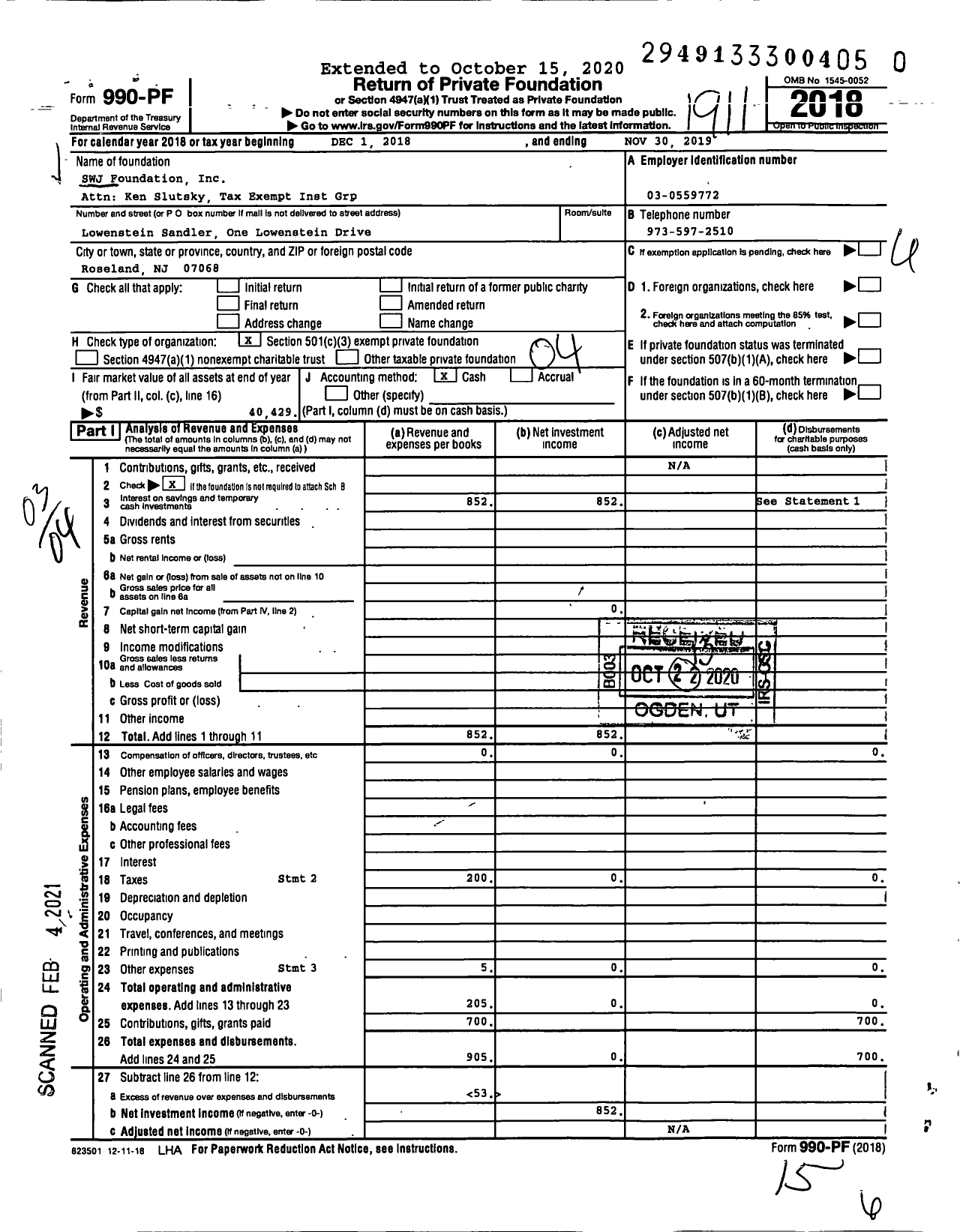 Image of first page of 2018 Form 990PF for SWJ Foundation Inc Attn Ken Slutsky Tax Exempt Inst Grp
