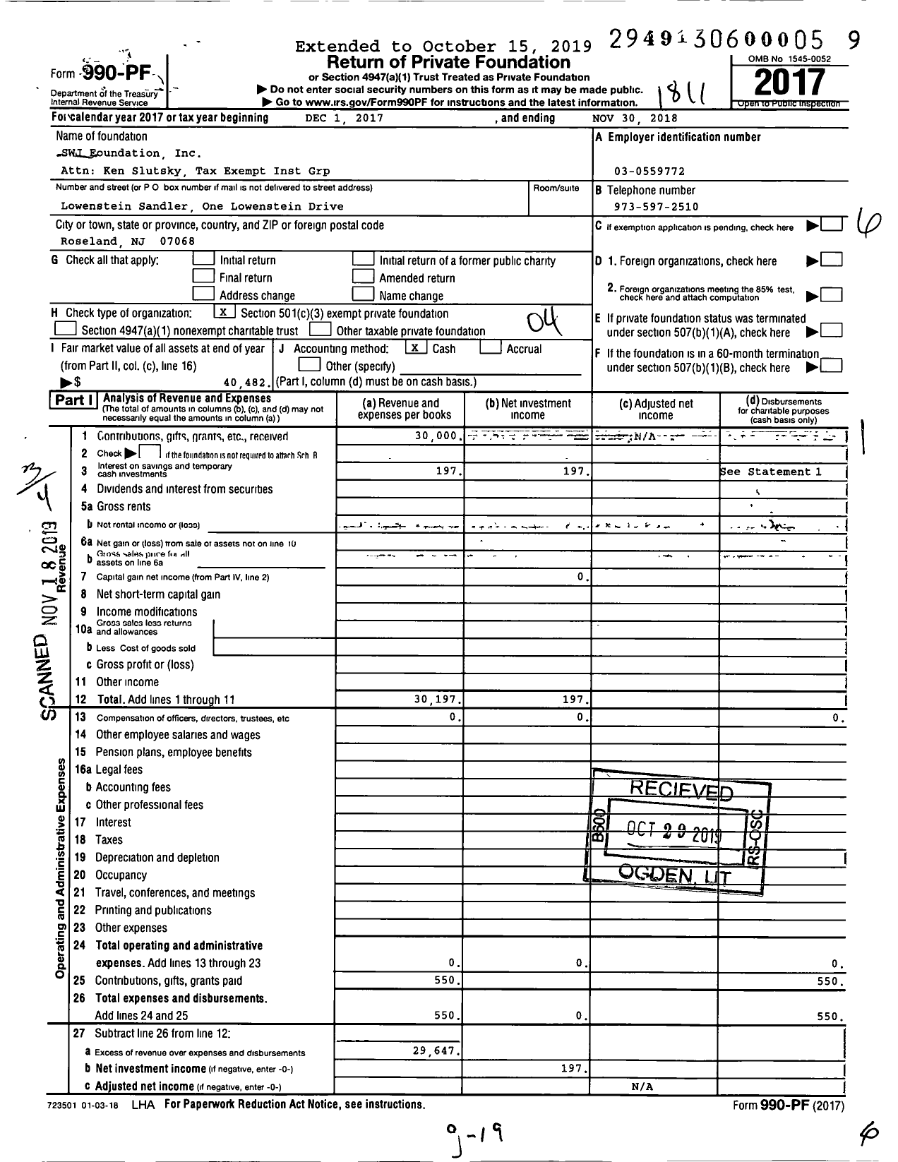 Image of first page of 2017 Form 990PF for SWJ Foundation Inc Attn Ken Slutsky Tax Exempt Inst Grp
