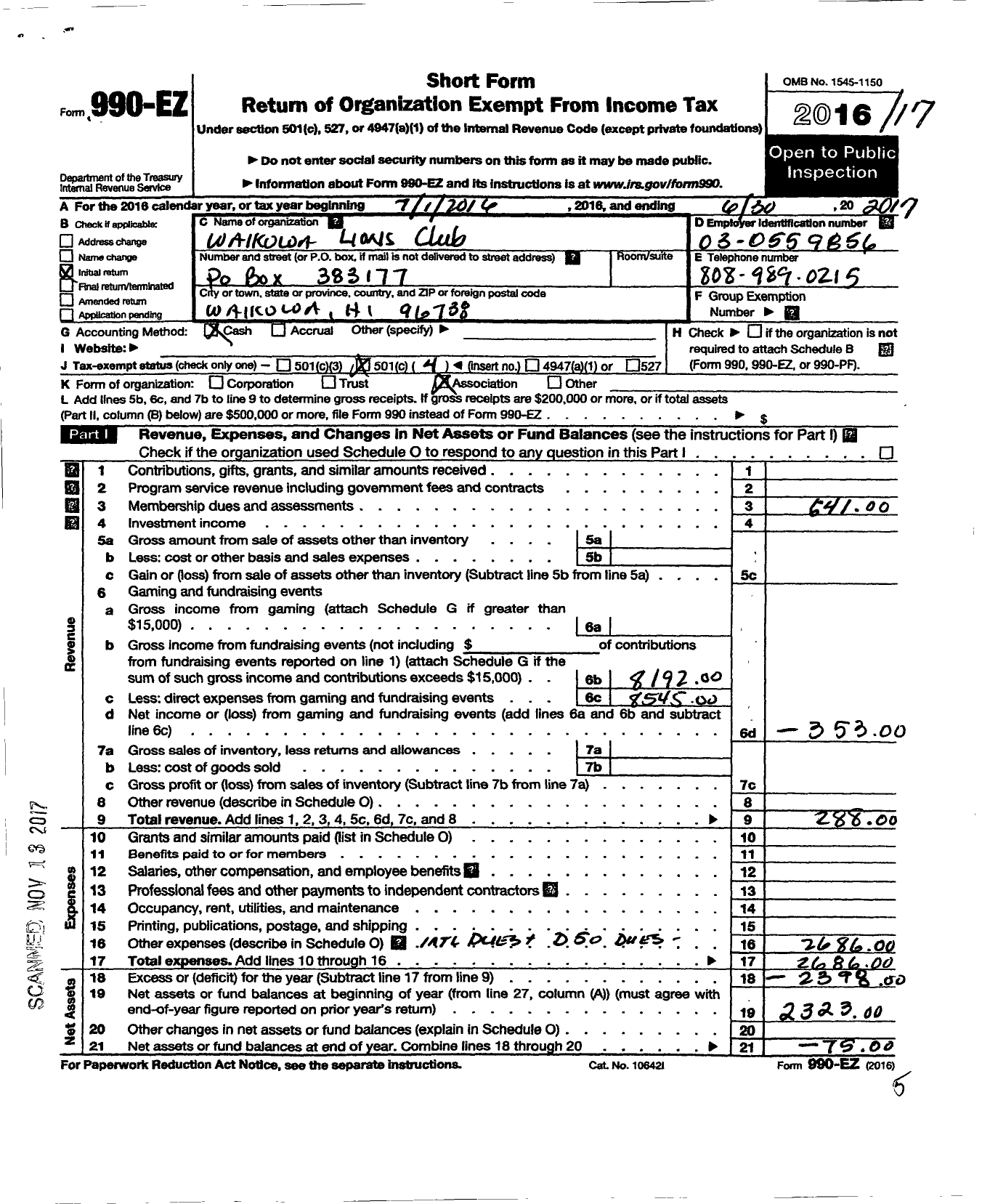 Image of first page of 2016 Form 990EO for The Waikoloa Lions Club