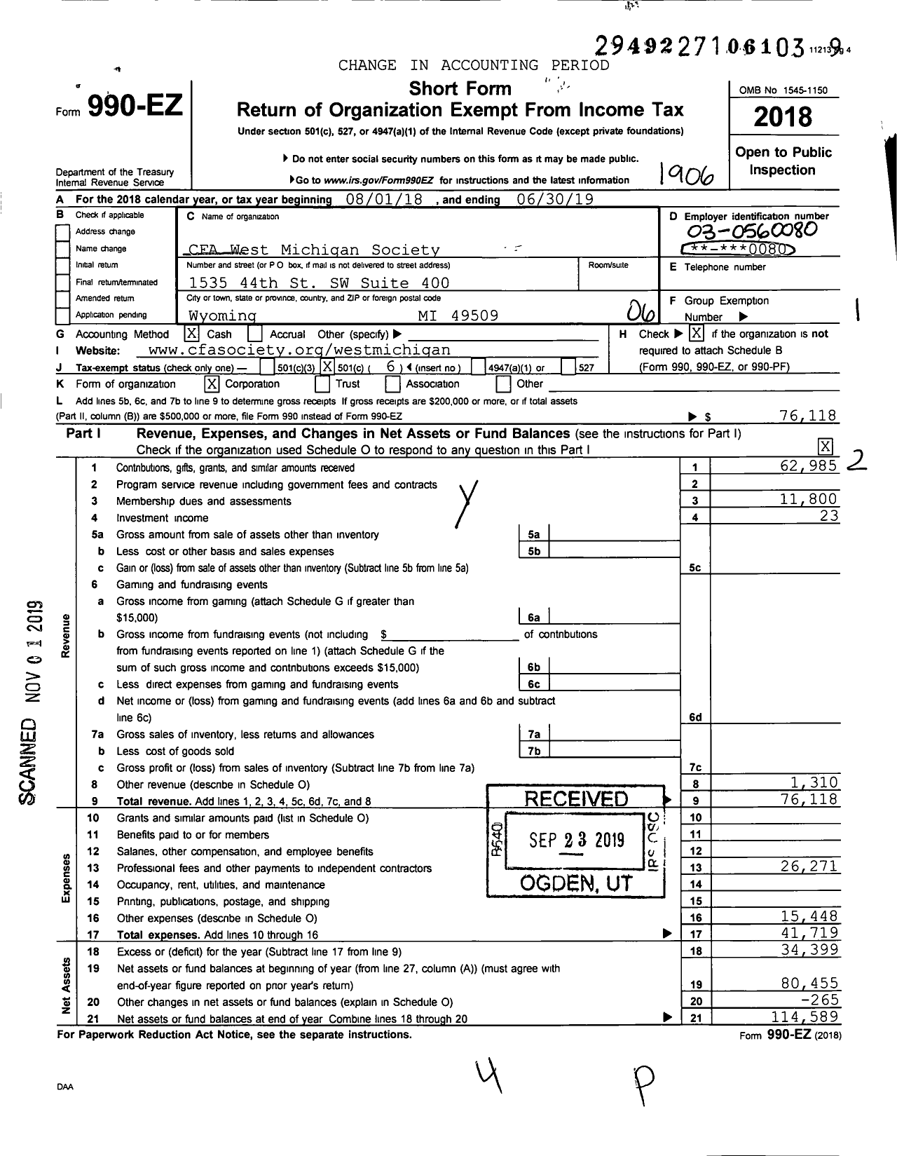 Image of first page of 2018 Form 990EO for CFA WEST MICHIGAN SOCIETy