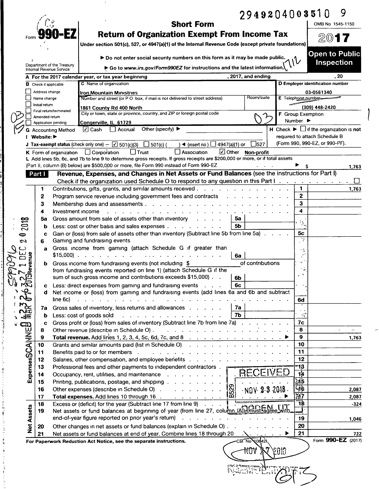 Image of first page of 2017 Form 990EZ for Iron Mountain Ministries