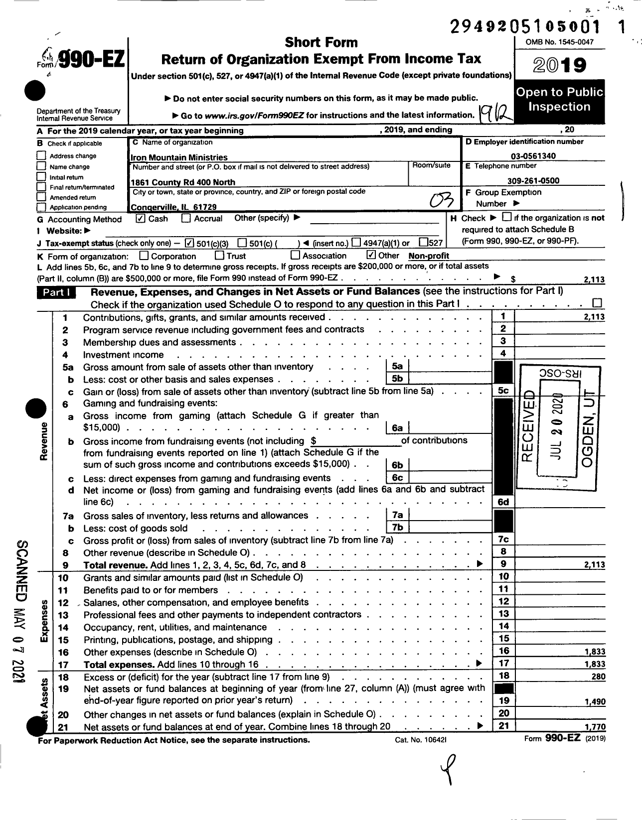 Image of first page of 2019 Form 990EZ for Iron Mountain Ministries