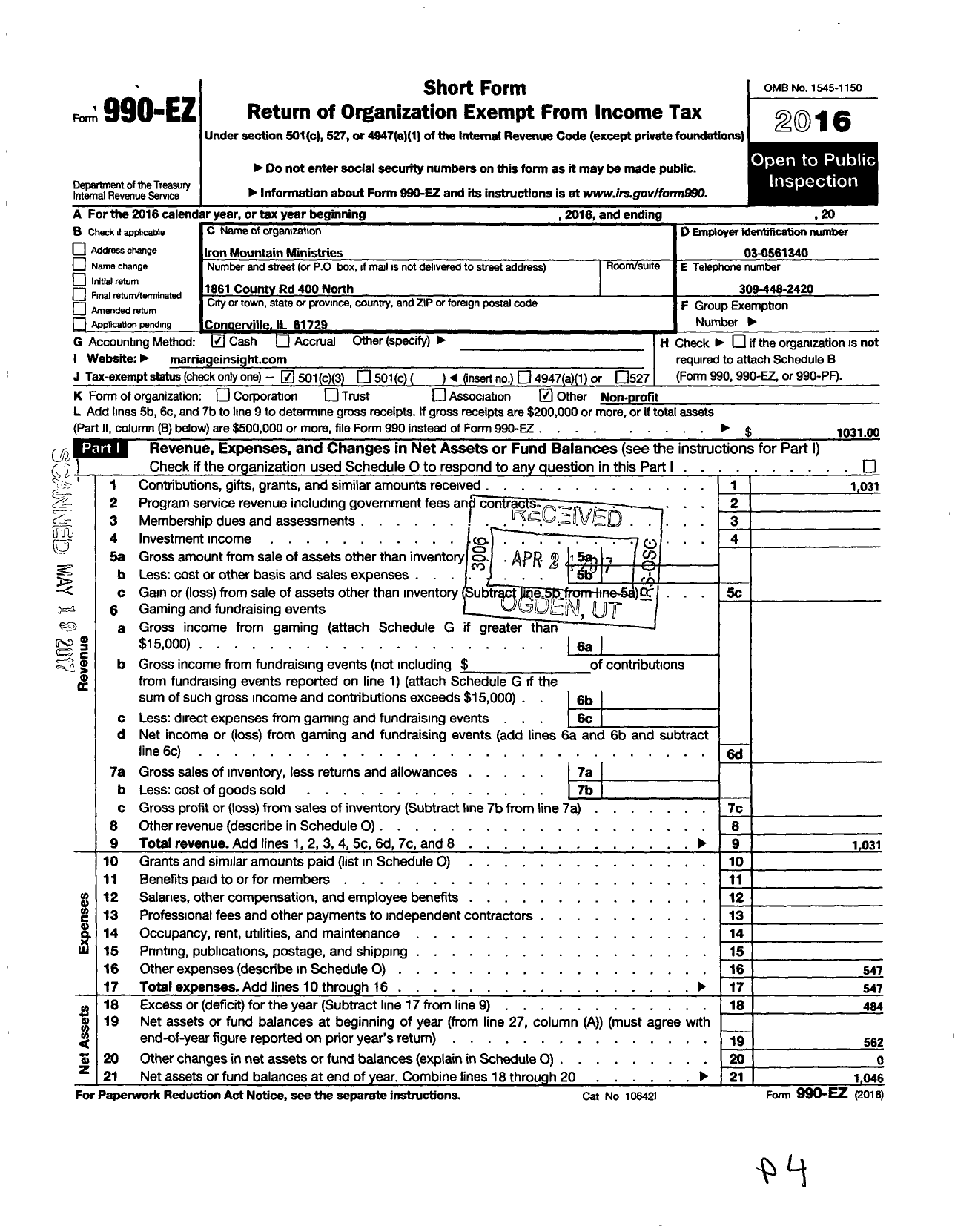 Image of first page of 2016 Form 990EZ for Iron Mountain Ministries