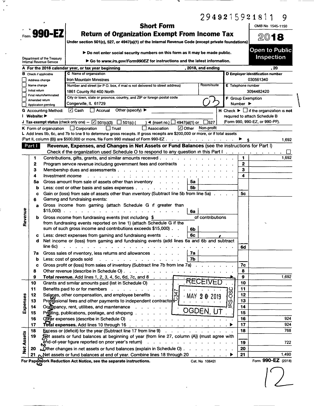 Image of first page of 2018 Form 990EZ for Iron Mountain Ministries