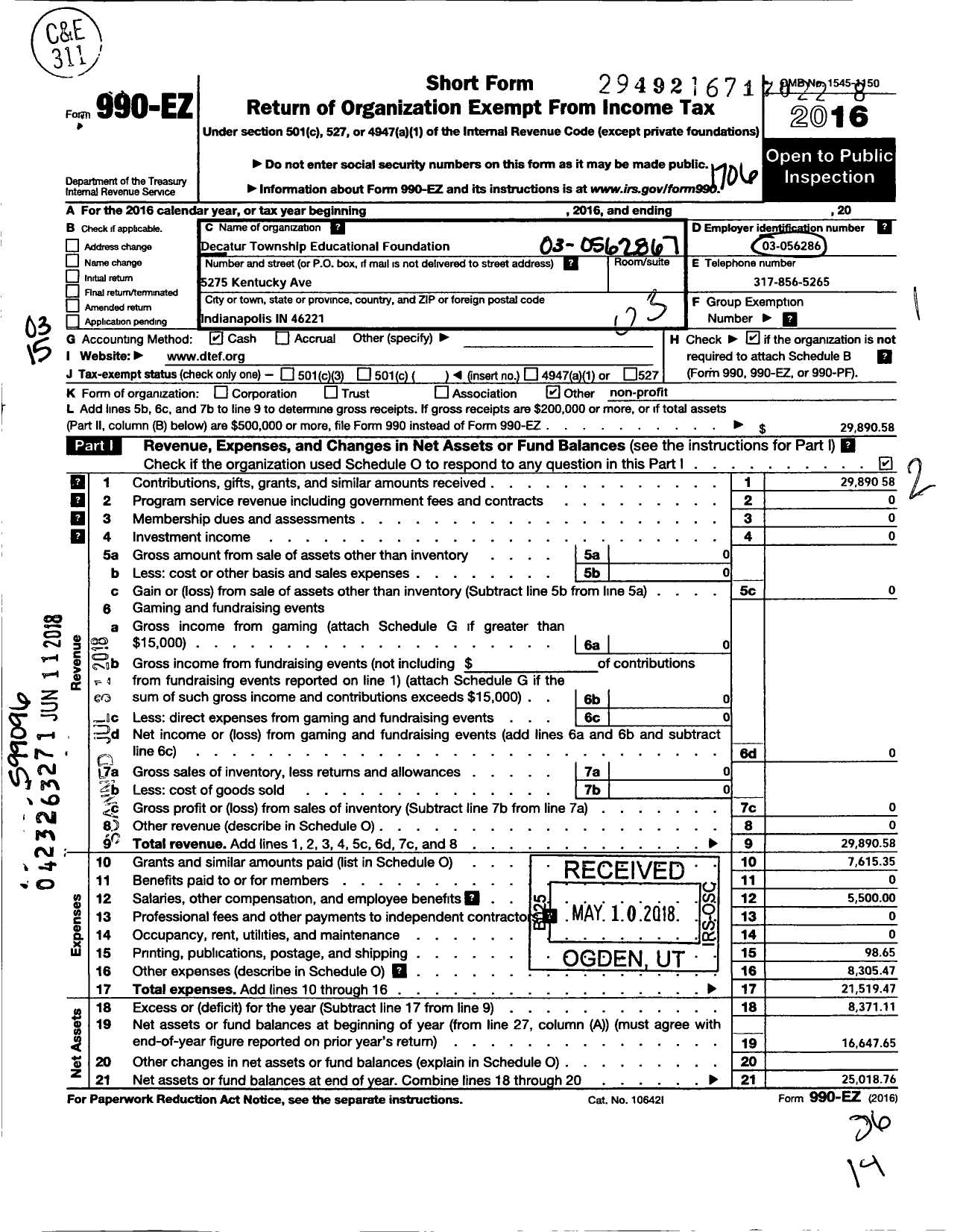 Image of first page of 2016 Form 990EZ for Decatur Township Educational Foundation Incorporated