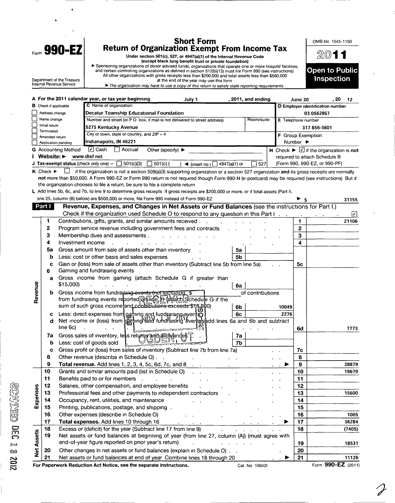 Image of first page of 2011 Form 990EO for Decatur Township Educational Foundation Incorporated