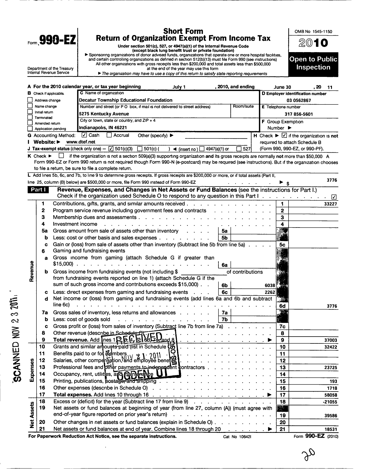 Image of first page of 2010 Form 990EZ for Decatur Township Educational Foundation Incorporated