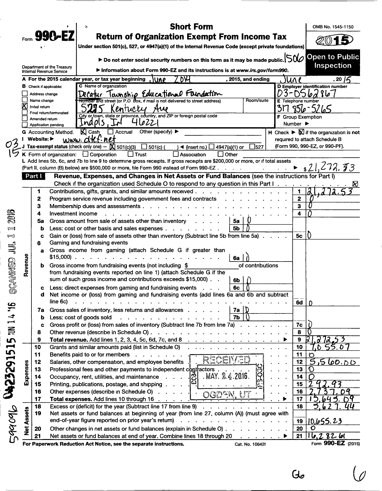 Image of first page of 2014 Form 990EZ for Decatur Township Educational Foundation Incorporated