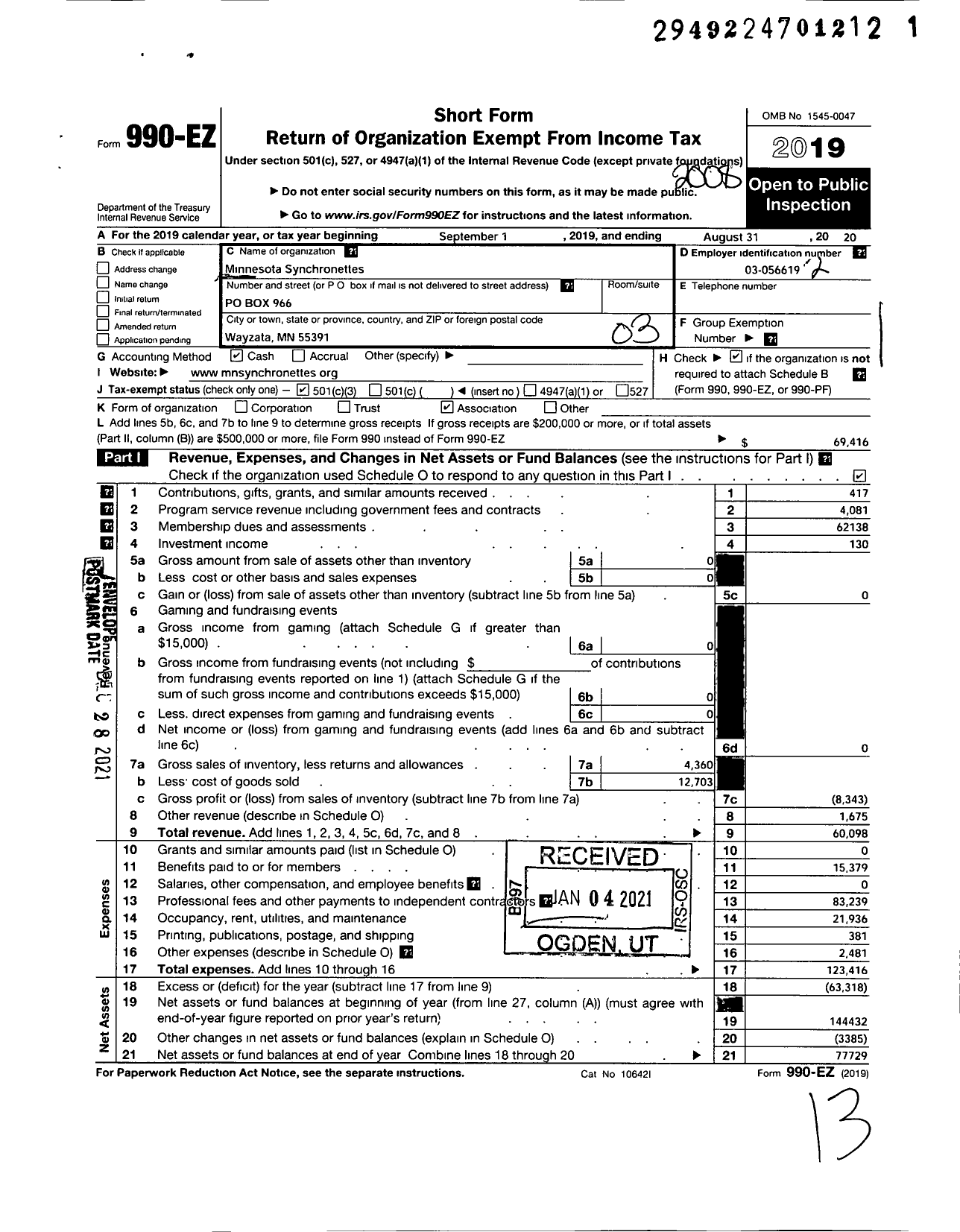 Image of first page of 2019 Form 990EZ for Minnesota Synchronettes