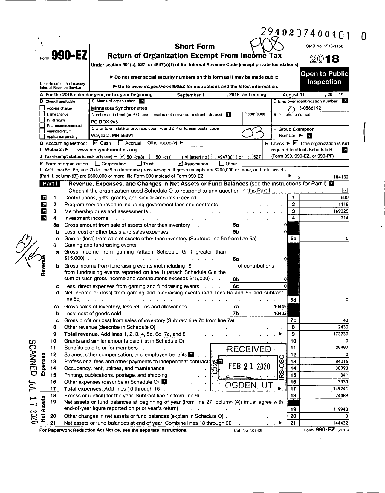 Image of first page of 2018 Form 990EZ for Minnesota Synchronettes