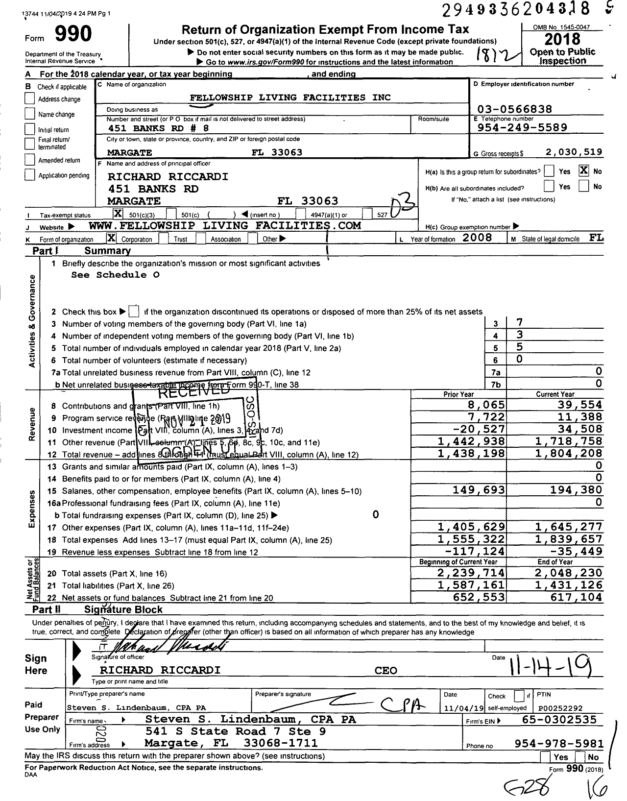 Image of first page of 2018 Form 990 for Fellowship Recovery Community Organization