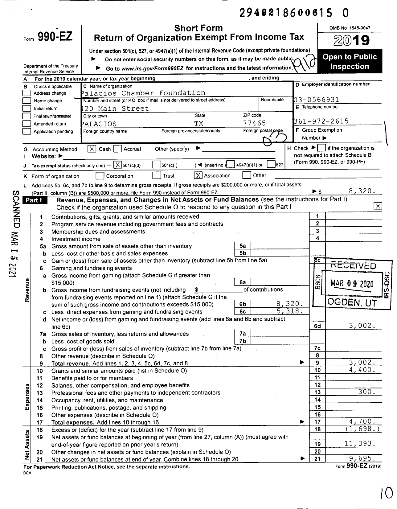 Image of first page of 2019 Form 990EZ for Palacios Chamber Foundation