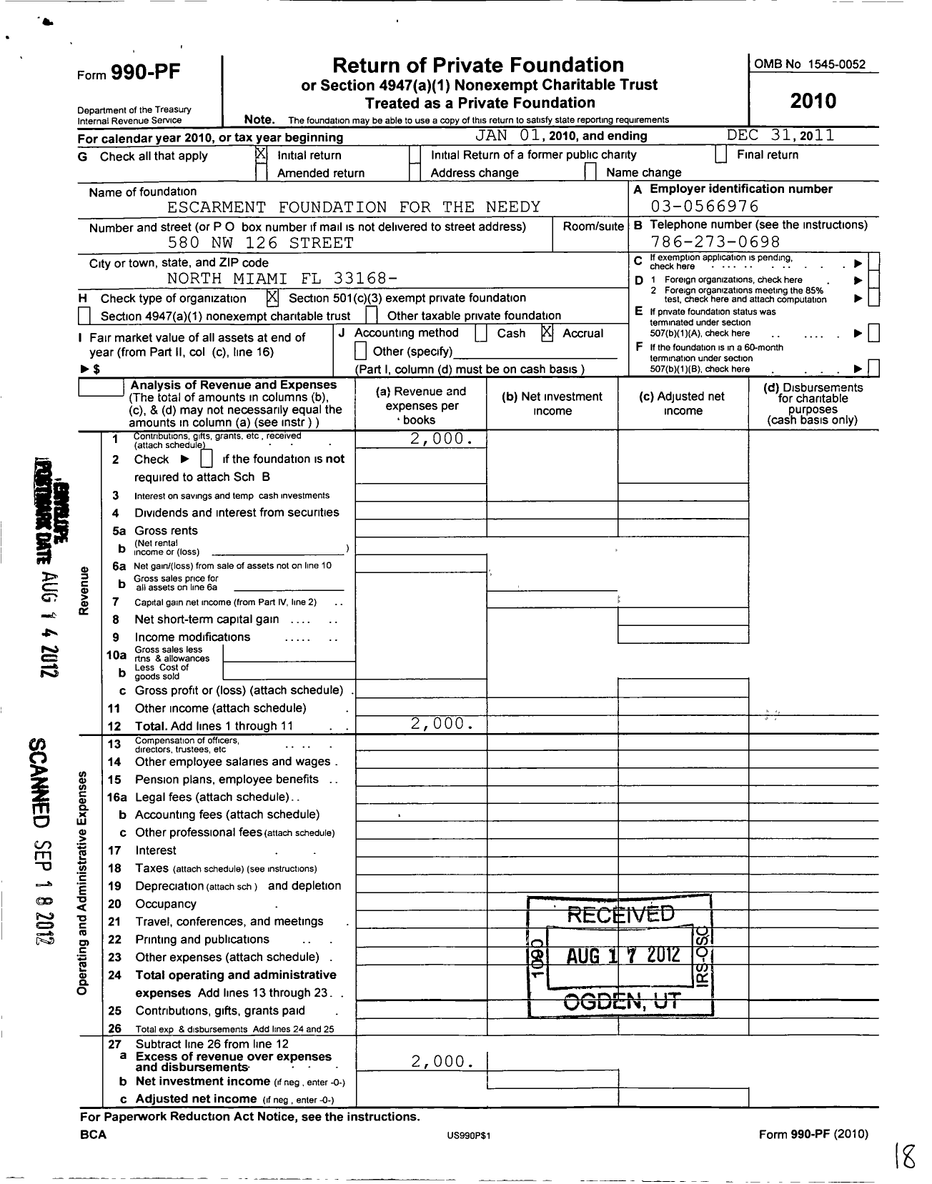 Image of first page of 2011 Form 990PF for Escarment Foundation for the Needy