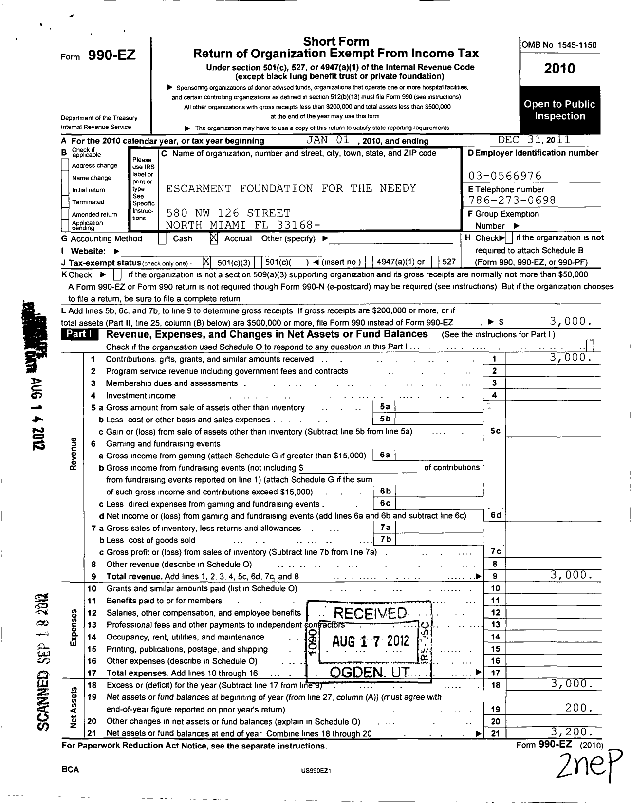 Image of first page of 2011 Form 990EZ for Escarment Foundation for the Needy