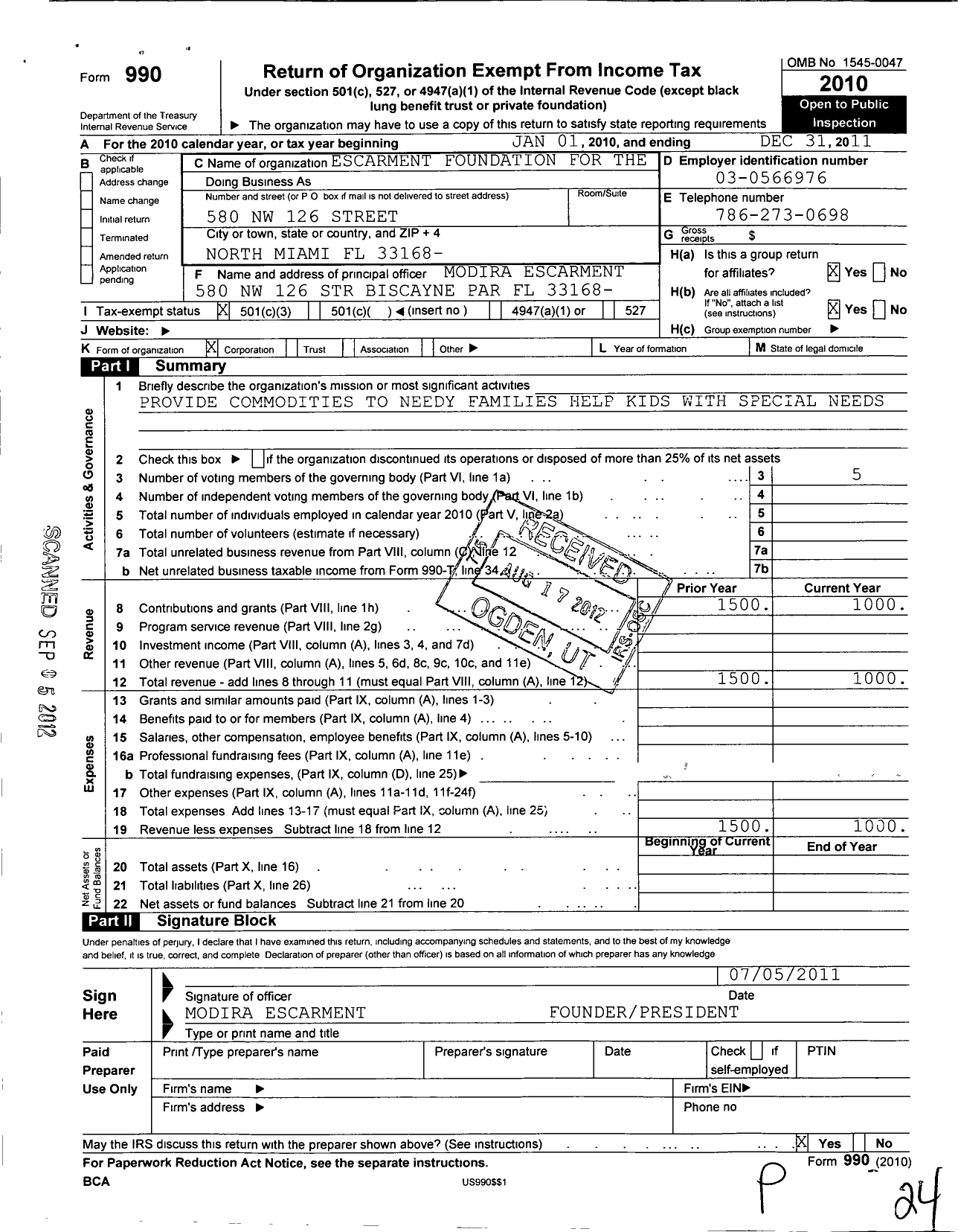 Image of first page of 2011 Form 990 for Escarment Foundation for the Needy