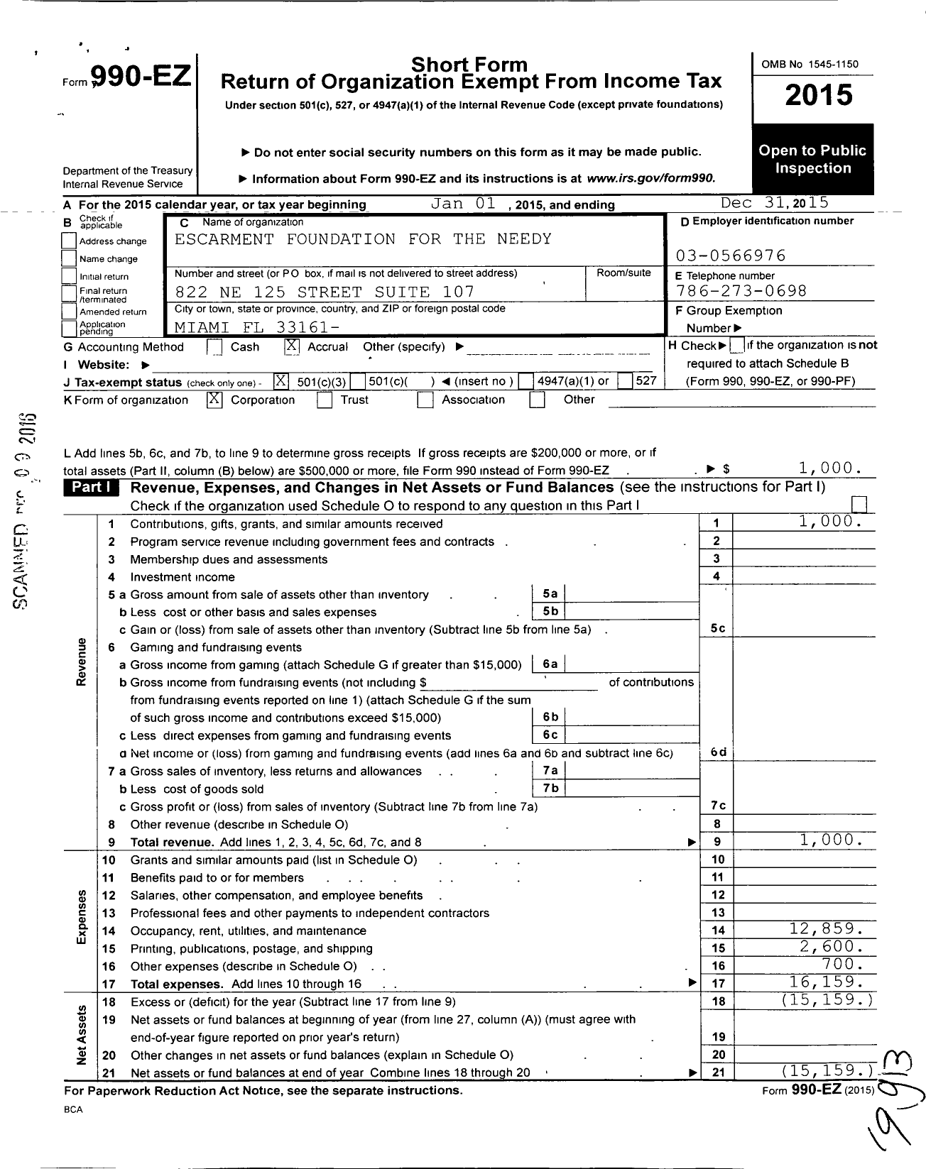 Image of first page of 2015 Form 990EZ for Escarment Foundation for the Needy