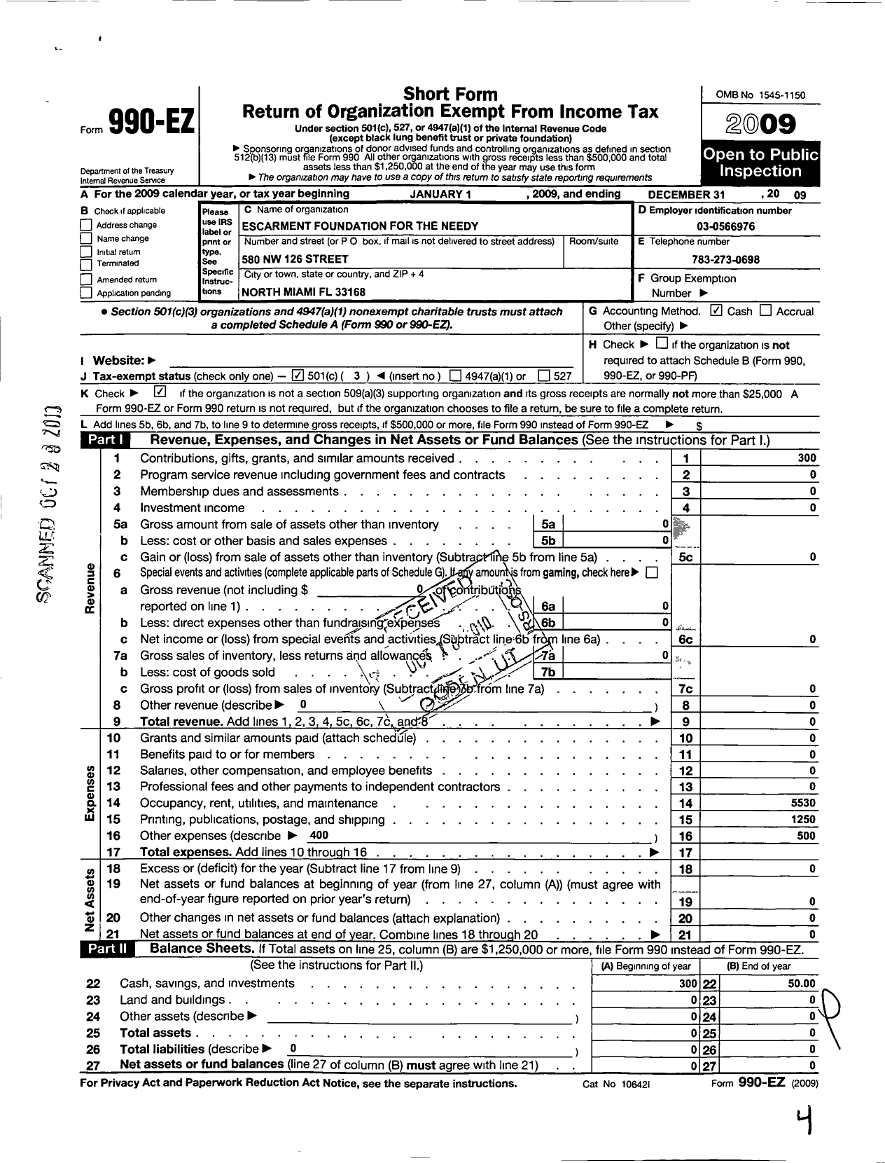 Image of first page of 2009 Form 990EZ for Escarment Foundation for the Needy