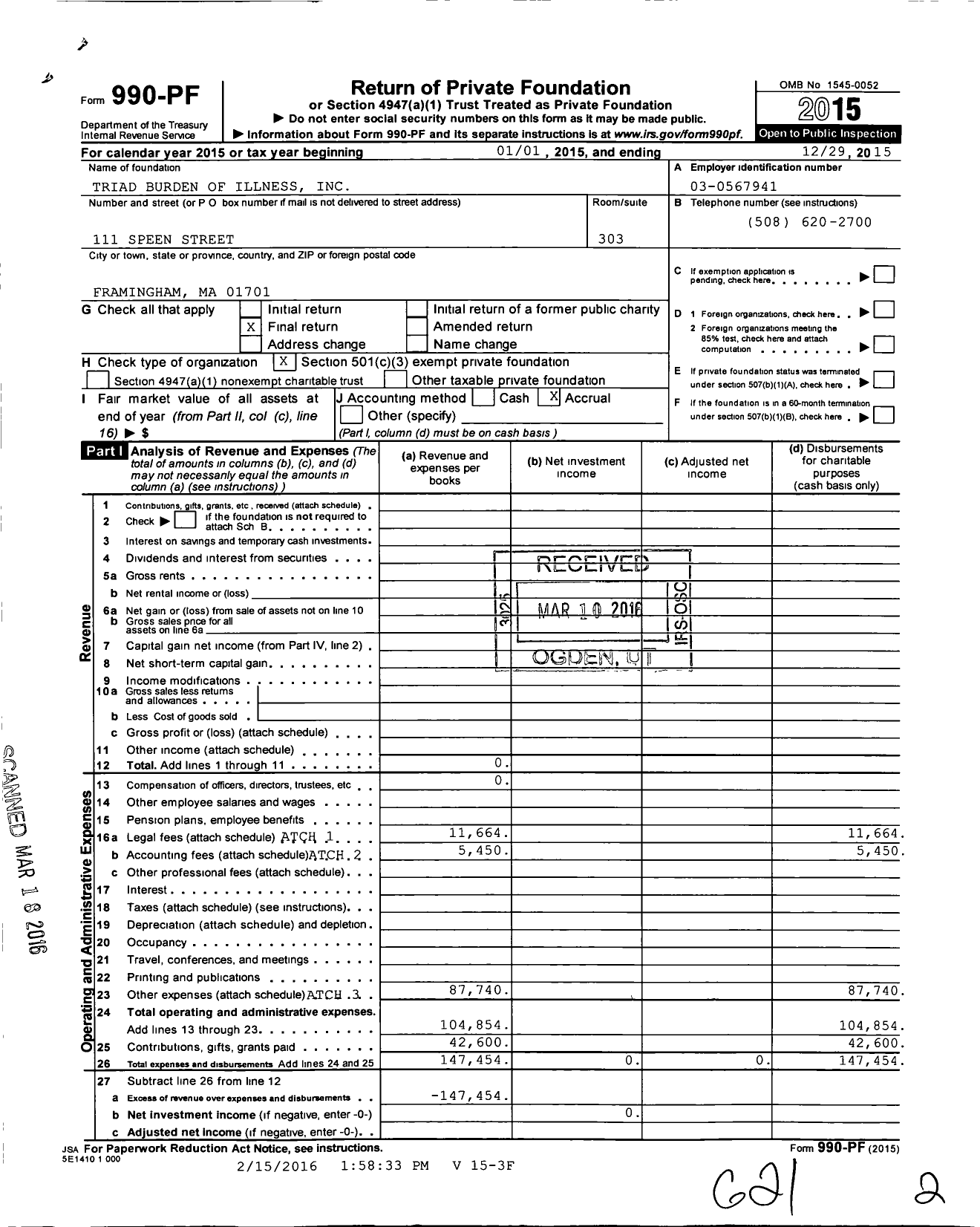 Image of first page of 2015 Form 990PF for Triad Burden of Illness