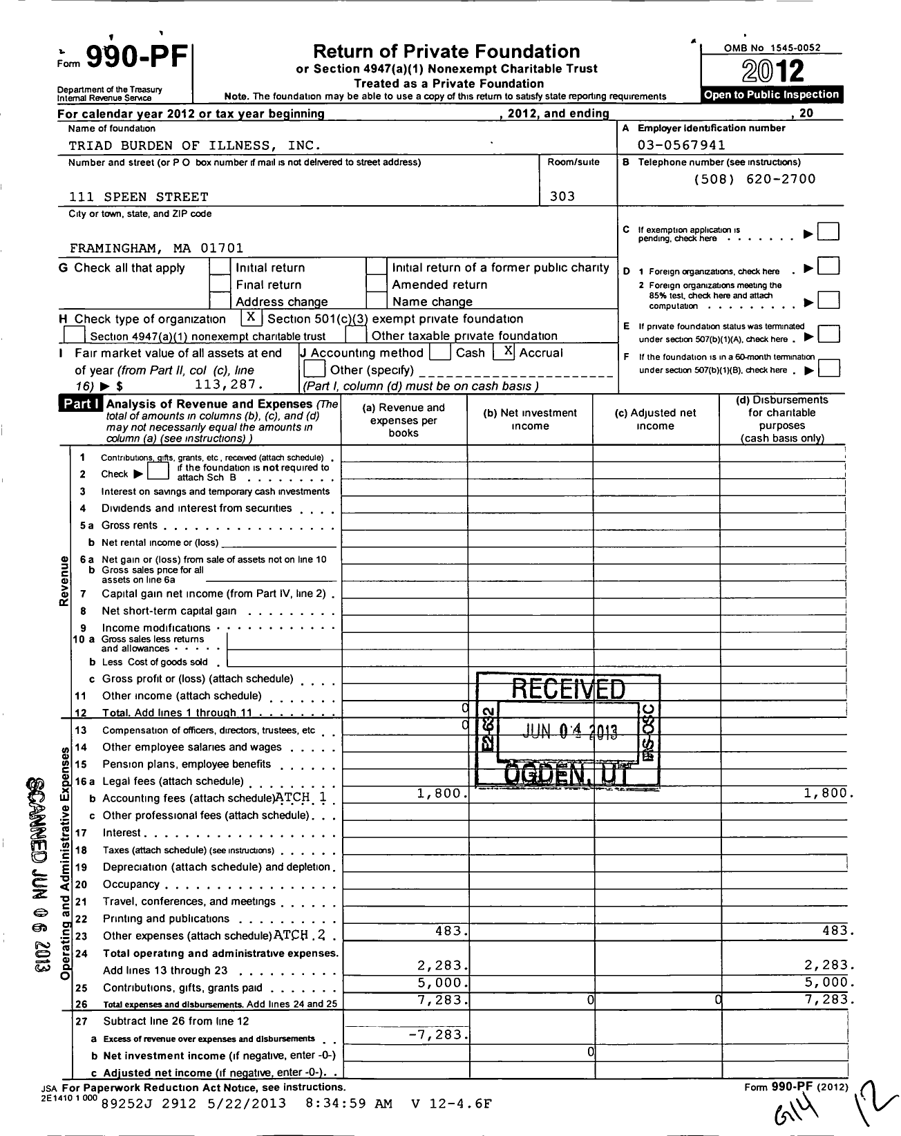 Image of first page of 2012 Form 990PF for Triad Burden of Illness