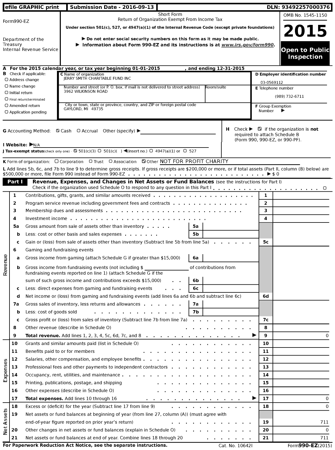 Image of first page of 2015 Form 990EZ for Jerry Smith Charitable Fund