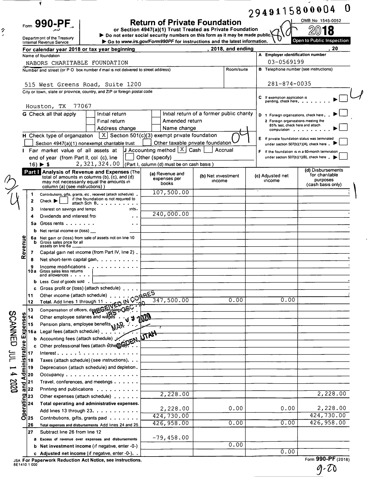 Image of first page of 2018 Form 990PR for Nabors Charitable Foundation