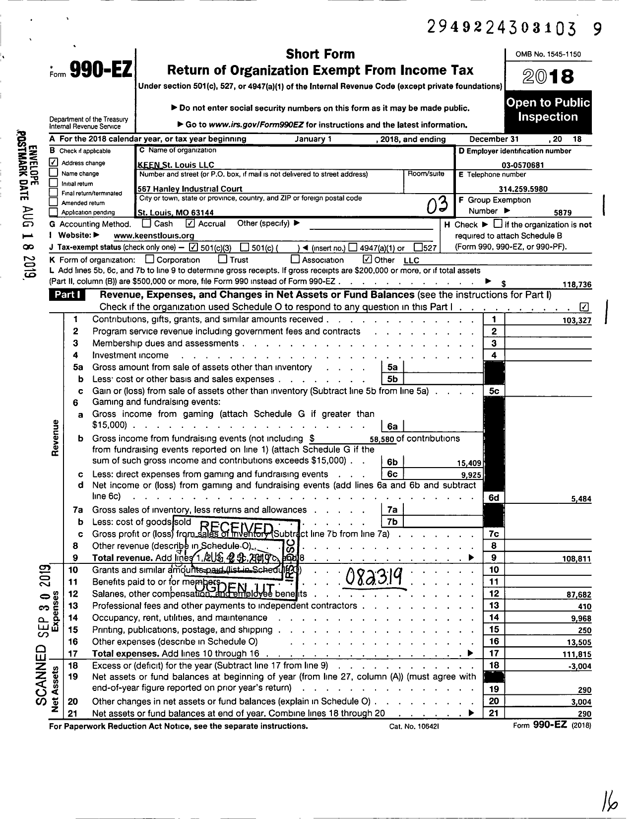 Image of first page of 2018 Form 990EZ for KEEN St Louis LLC