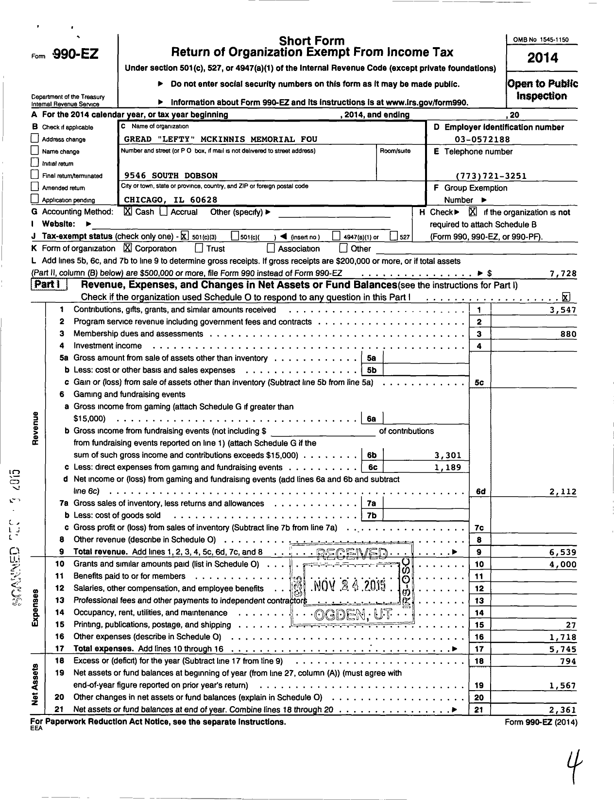 Image of first page of 2014 Form 990EZ for Gread Lefty Mckinnis Memorial Foundation