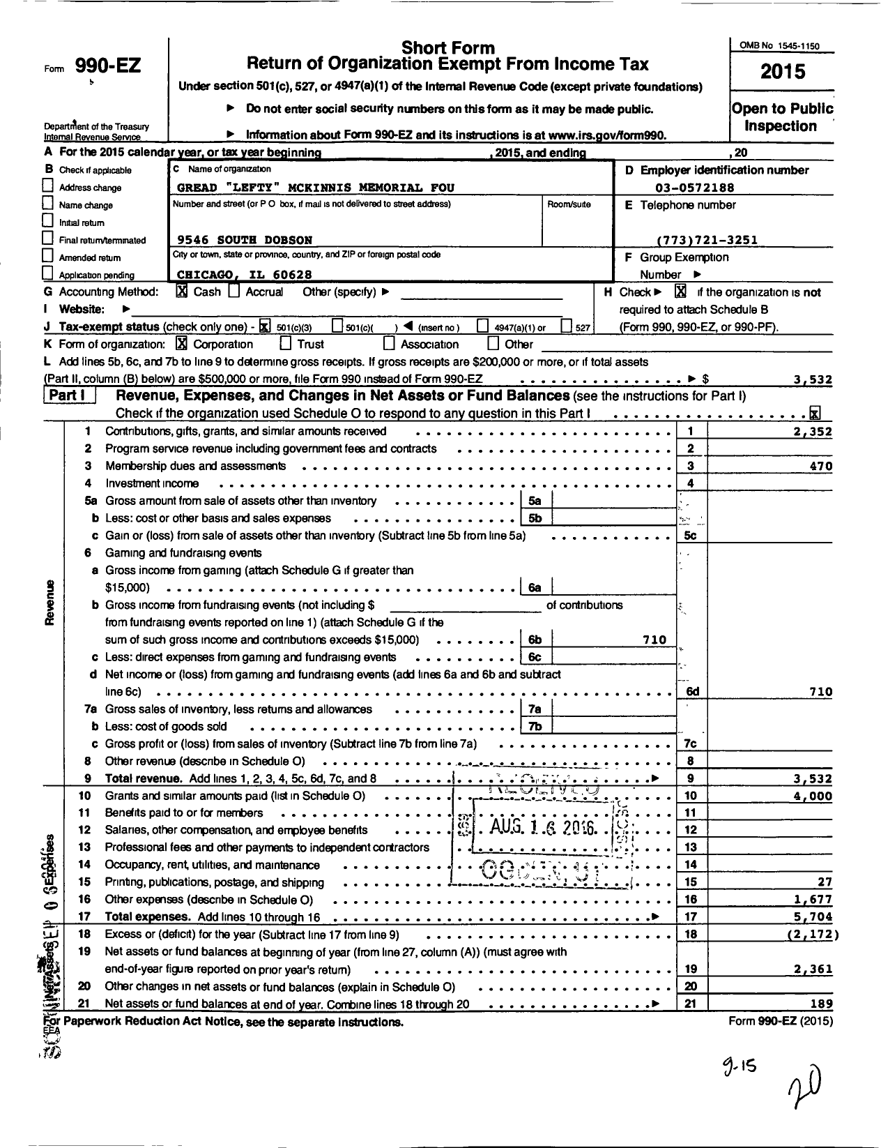 Image of first page of 2015 Form 990EZ for Gread Lefty Mckinnis Memorial Foundation