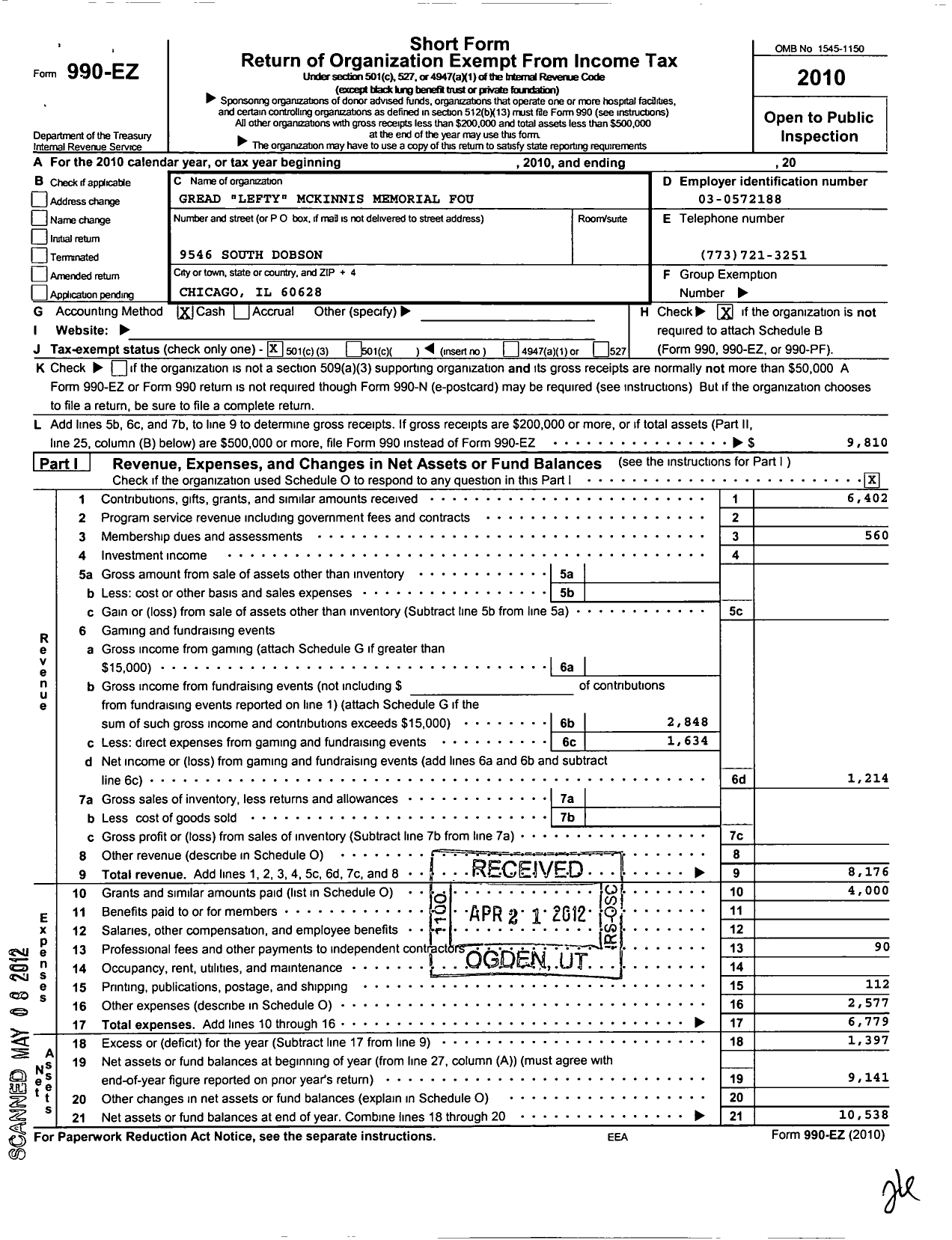 Image of first page of 2010 Form 990EZ for Gread Lefty Mckinnis Memorial Foundation