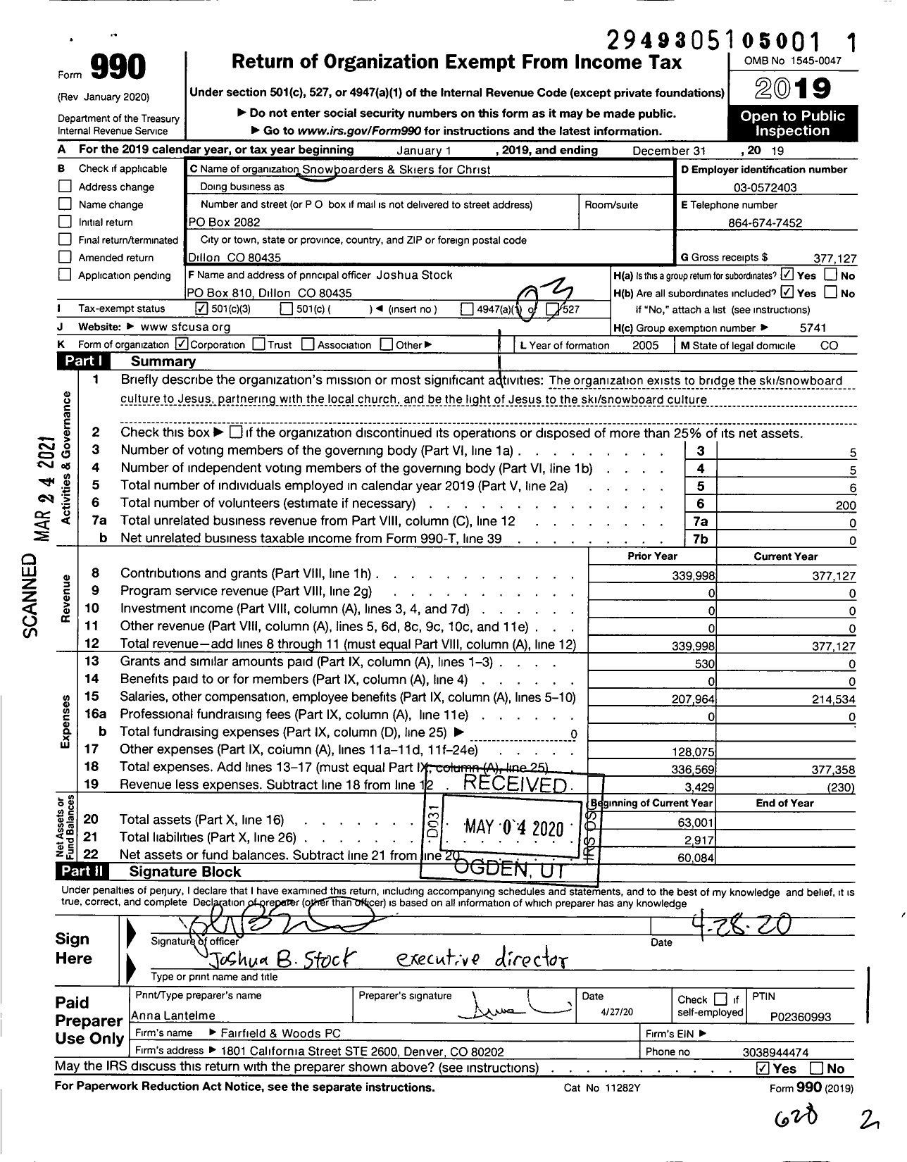 Image of first page of 2019 Form 990 for Snowboarders and Skiers for Christ