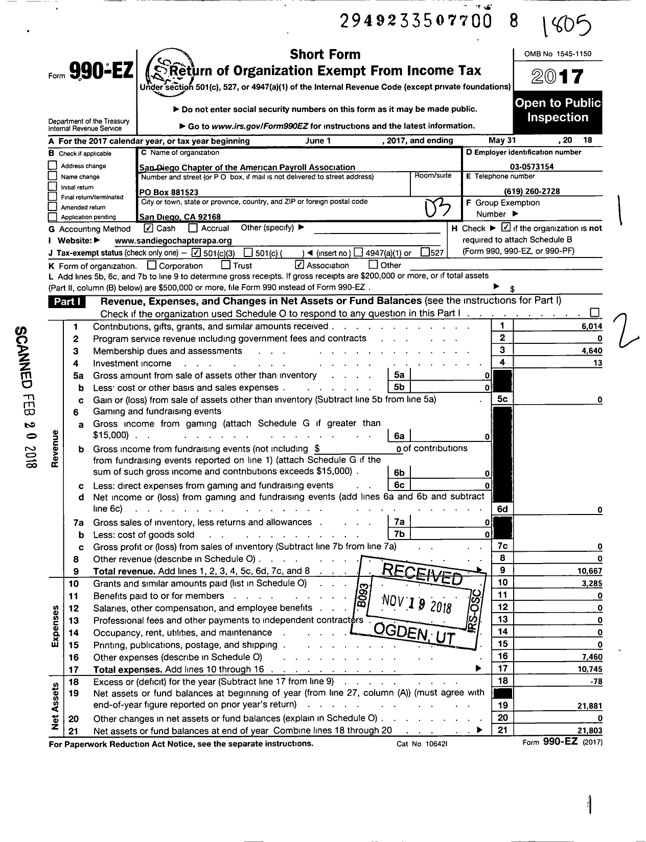 Image of first page of 2017 Form 990EZ for San Diego Chapter of American Payroll Association