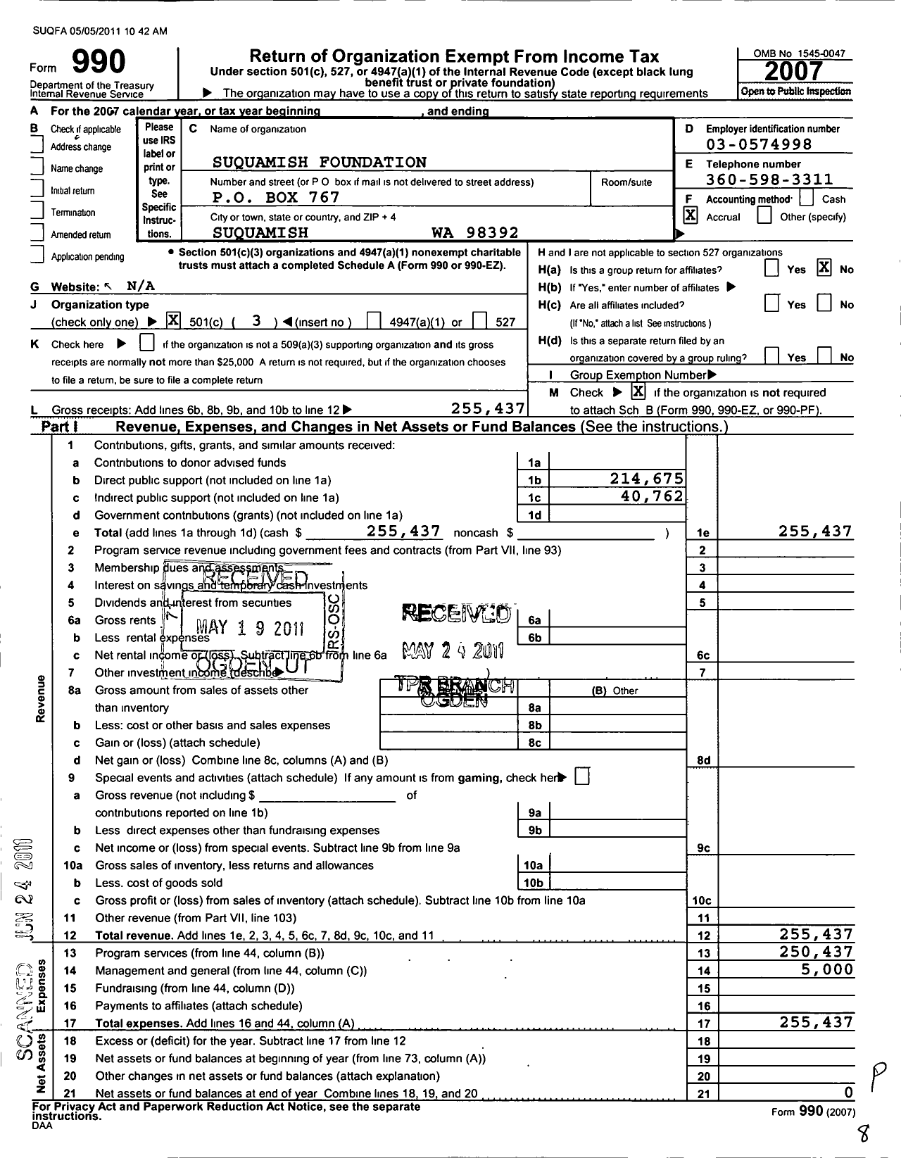 Image of first page of 2007 Form 990 for Suquamish Foundation