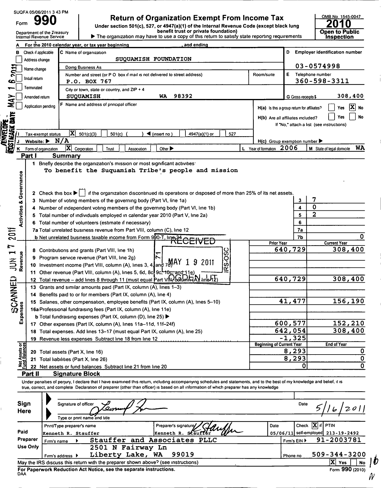 Image of first page of 2010 Form 990 for Suquamish Foundation