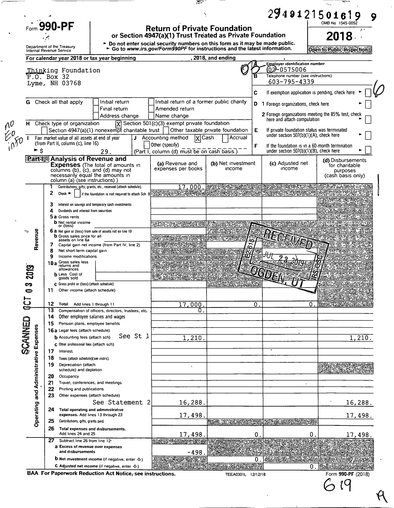 Image of first page of 2018 Form 990PF for Thinking Foundation